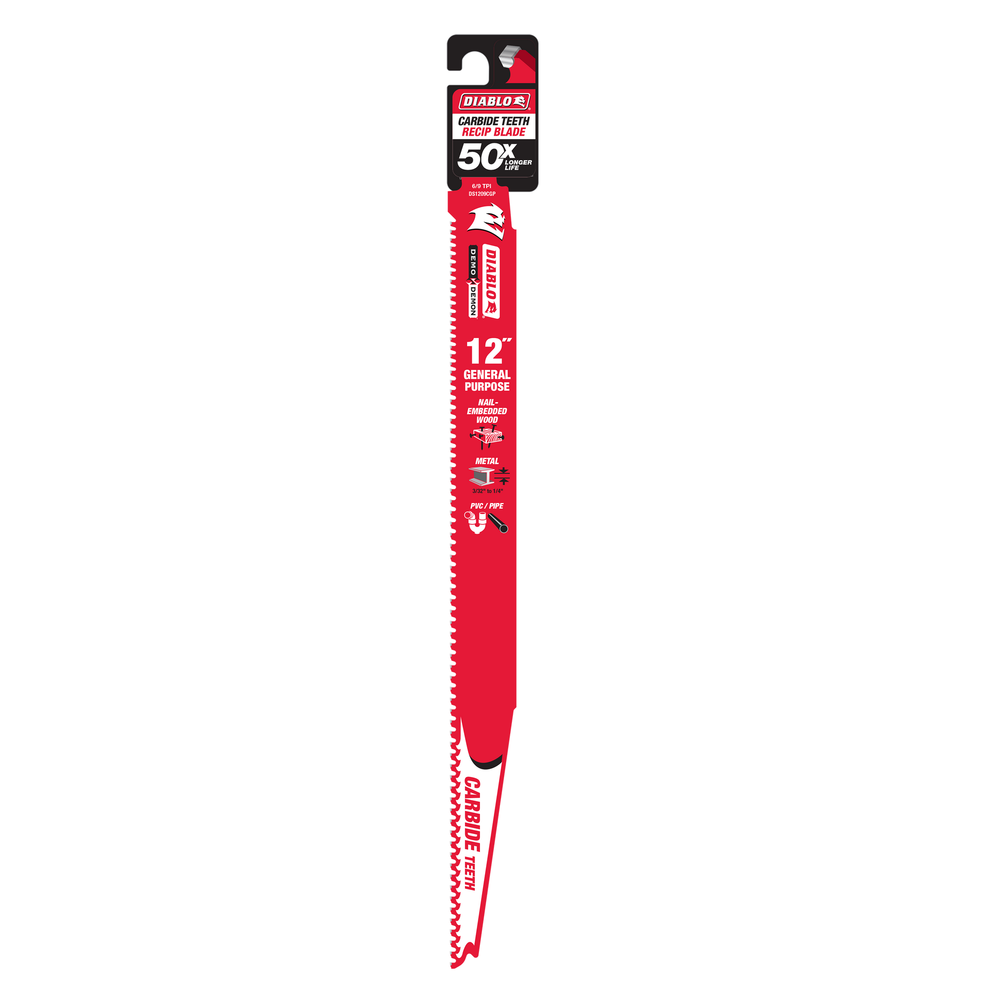 Red Diablo 12-inch carbide teeth reciprocating saw blade with packaging label at top.