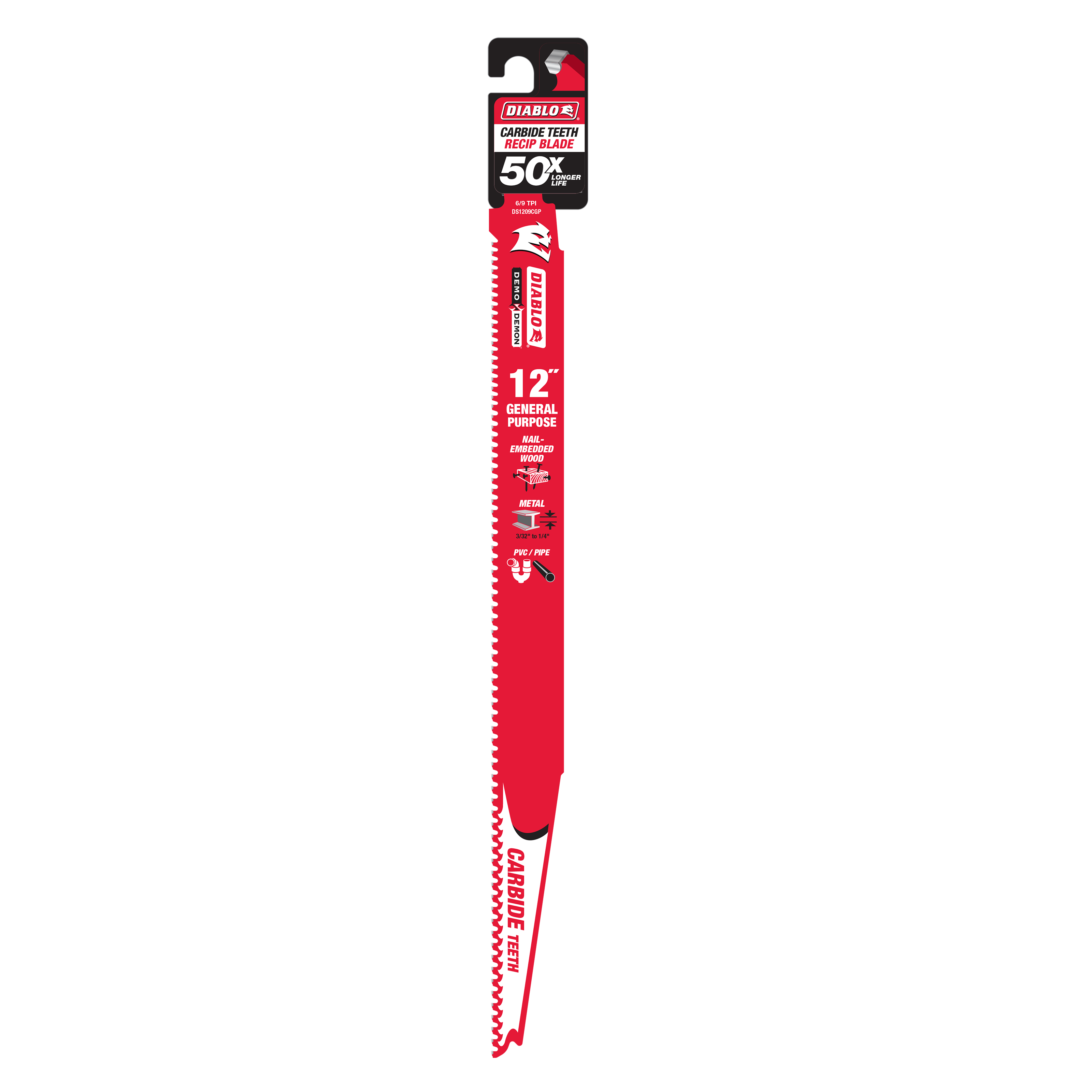 Red Diablo 12-inch carbide teeth reciprocating saw blade with packaging label at top.