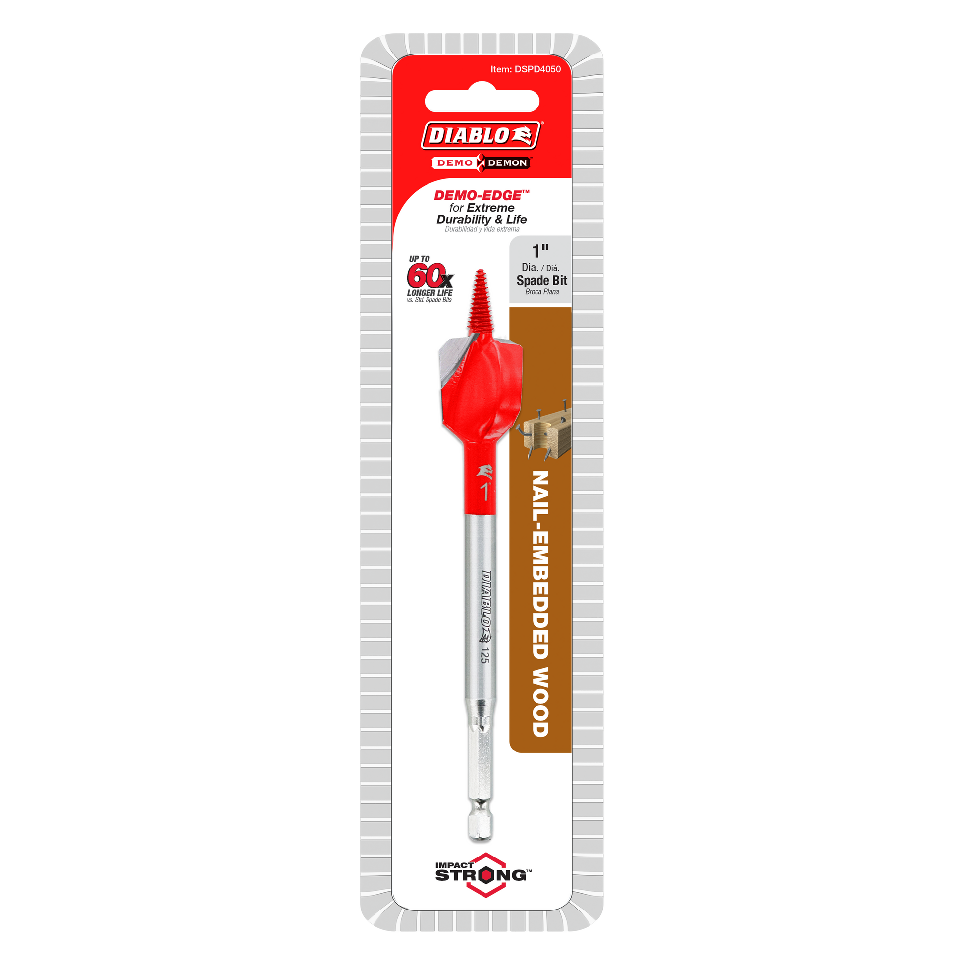 Red and silver 1-inch spade bit with pointed tip in retail packaging labeled Diablo Demo Demon.