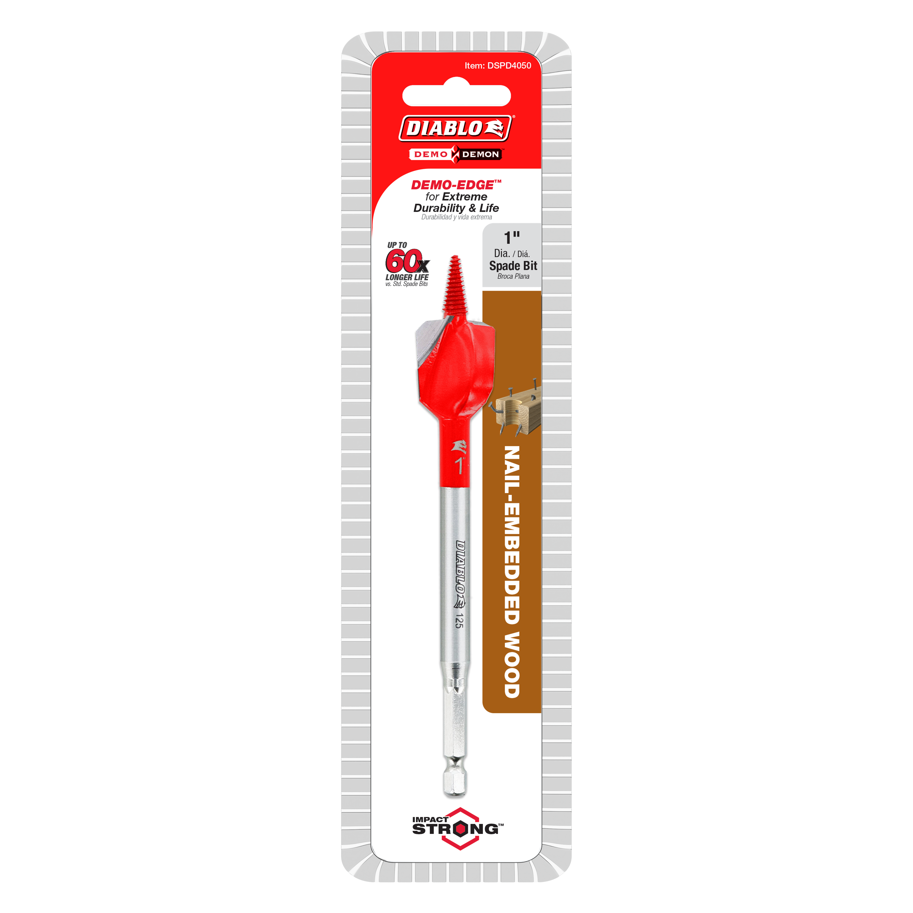 Red and silver 1-inch spade bit with pointed tip in retail packaging labeled Diablo Demo Demon.