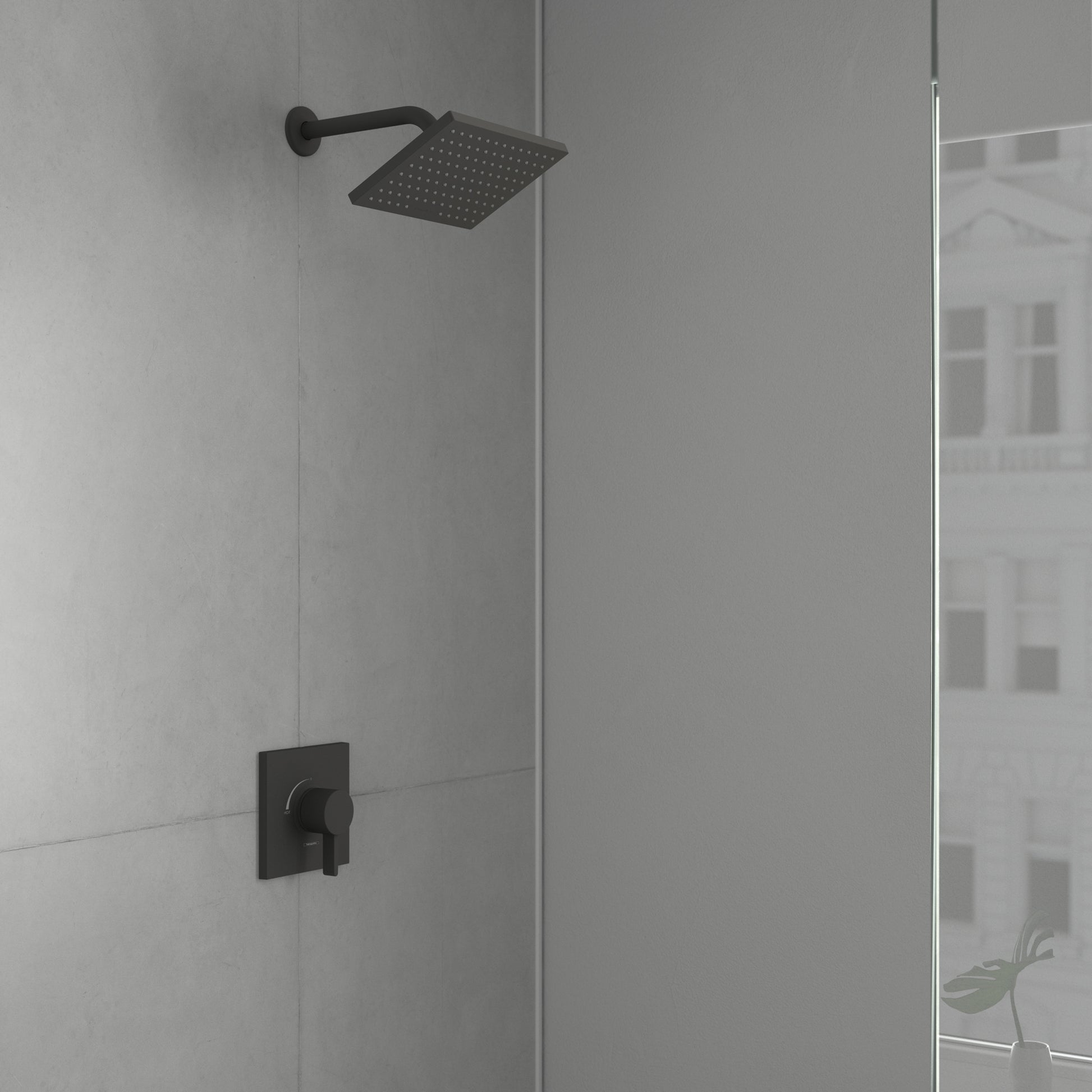 Matte black rectangular showerhead with perforations mounted on articulating arm, with matching square valve control on tile 