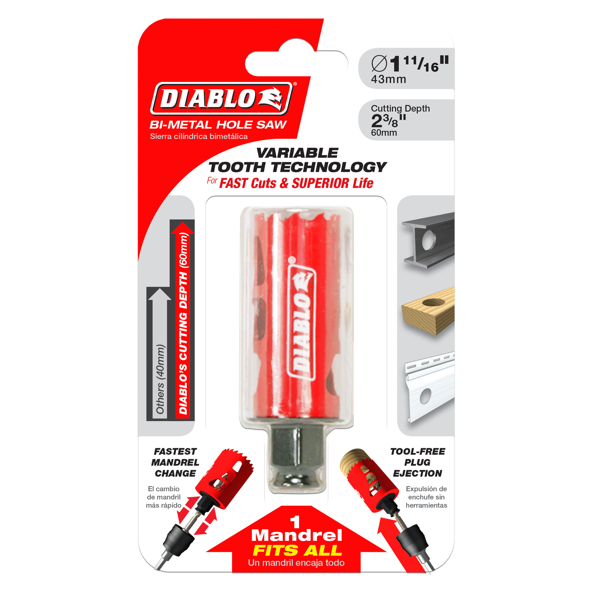 Red and silver Diablo bi-metal hole saw with 1-11/16 inch diameter and 2-3/8 inch cutting depth on retail packaging.
