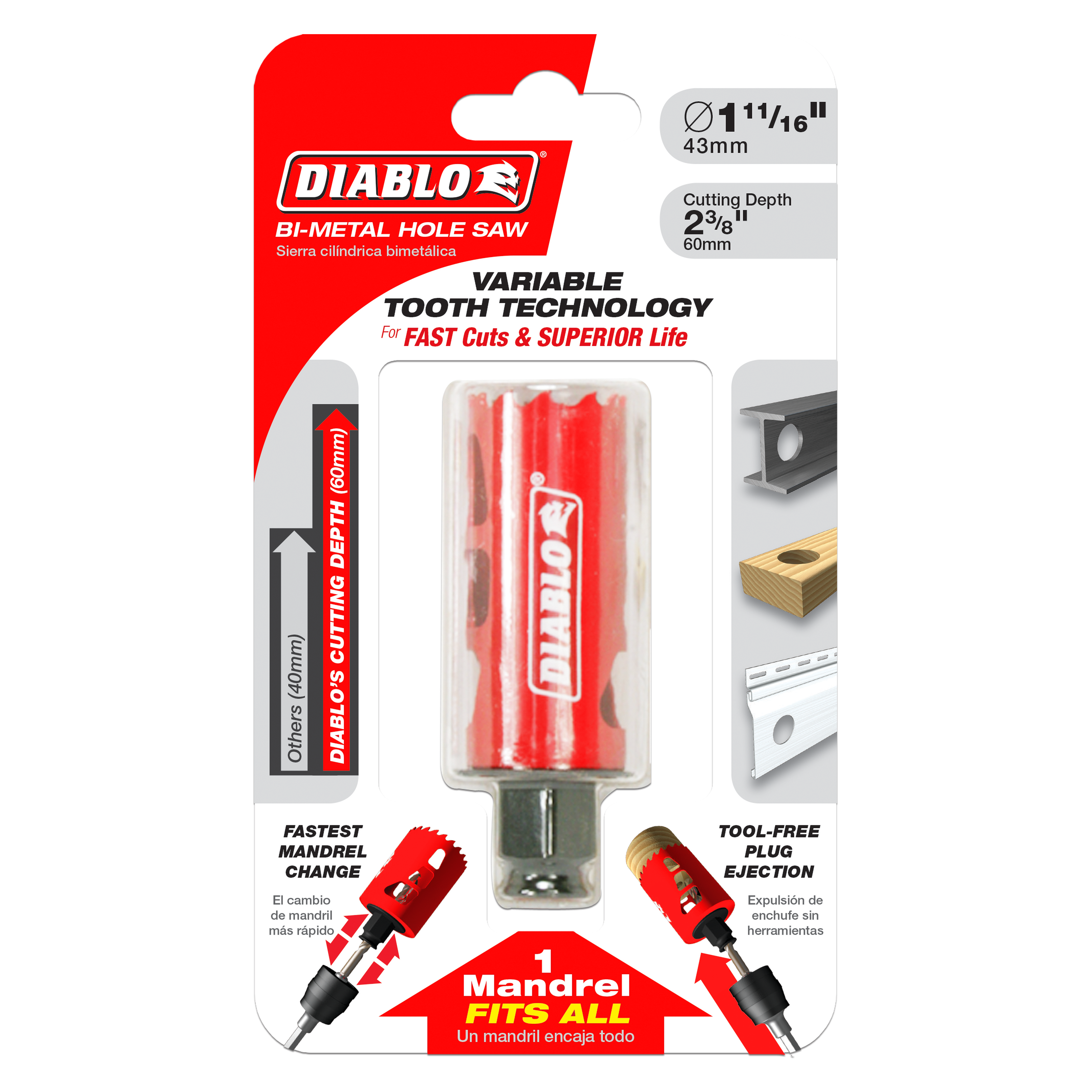 Red and silver Diablo bi-metal hole saw with 1-11/16 inch diameter and 2-3/8 inch cutting depth on retail packaging.