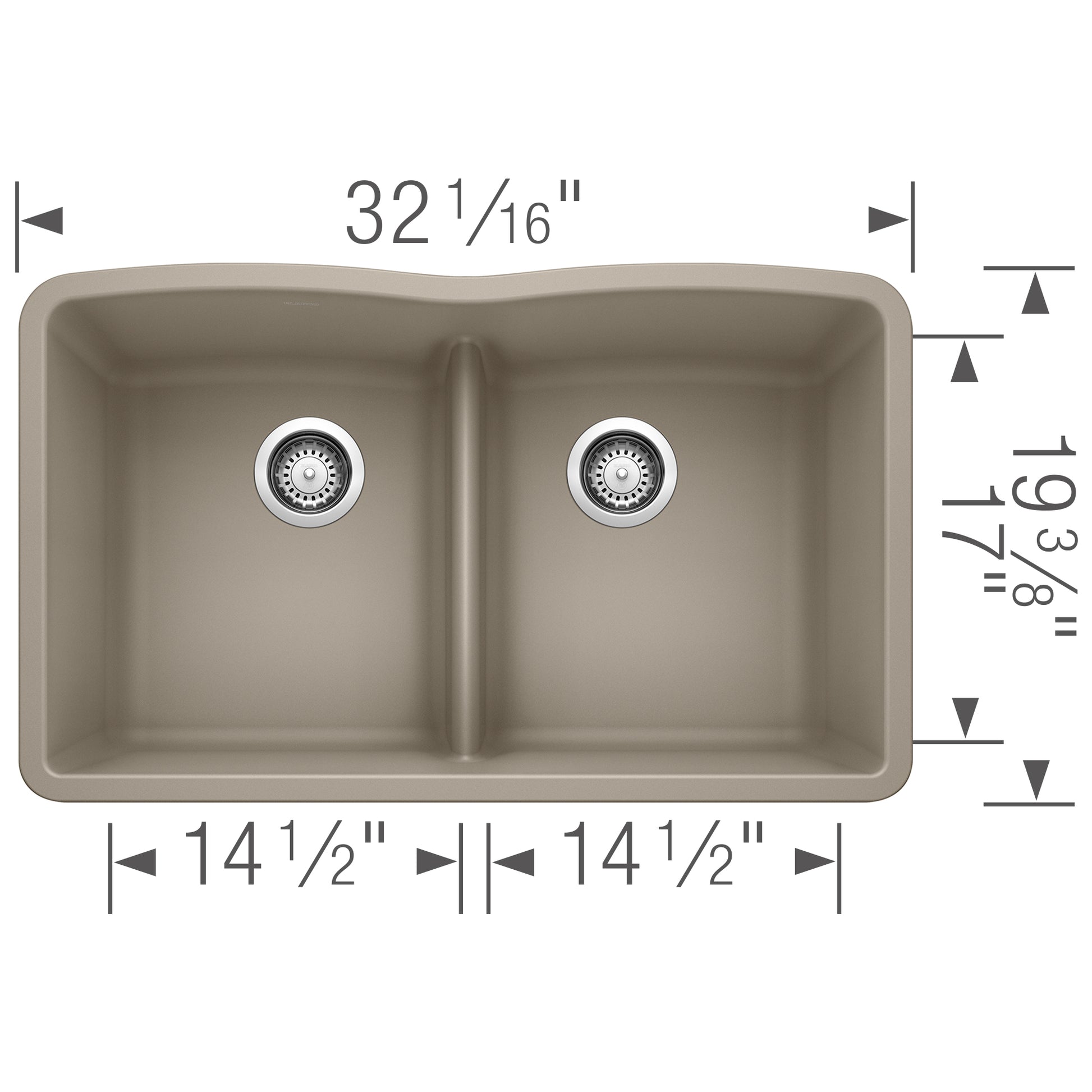 Truffle undermount kitchen sink with two equal basins, chrome drain strainers, and low divide.