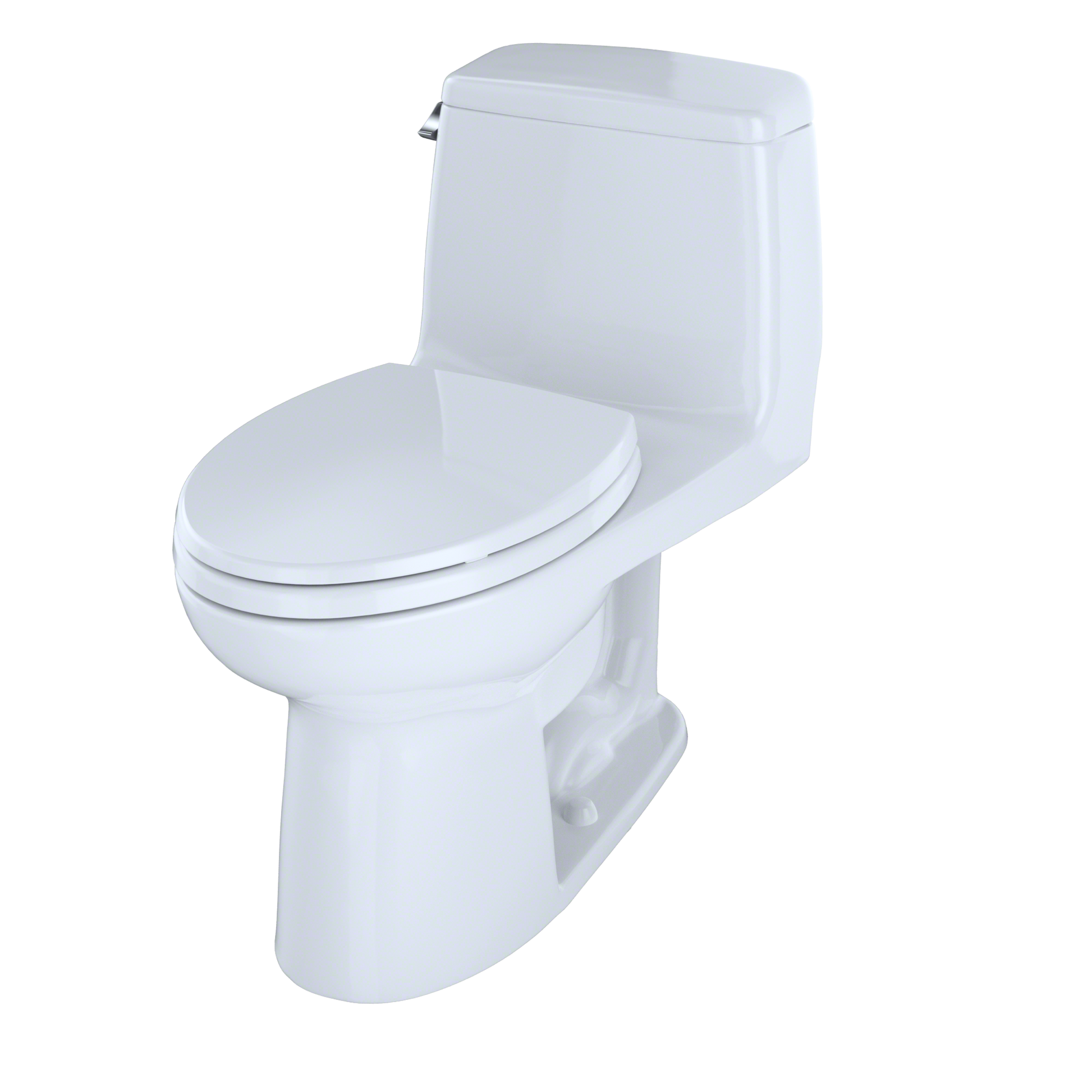 White elongated one-piece toilet with soft-close seat and matching tank.