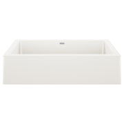 White rectangular farmhouse sink with single basin and apron front, viewed from above angle.