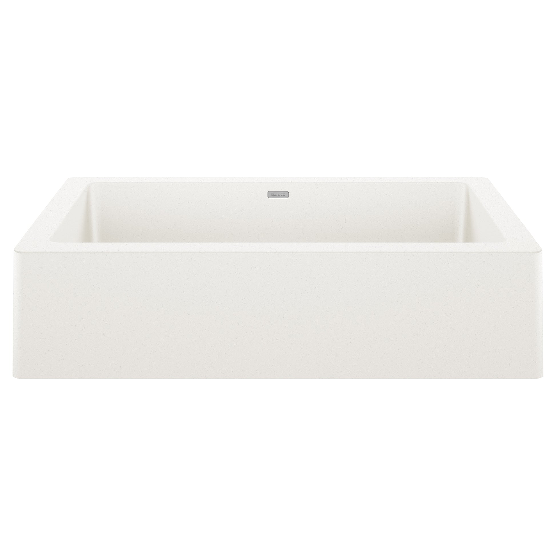 White rectangular farmhouse sink with single basin and apron front, viewed from above angle.