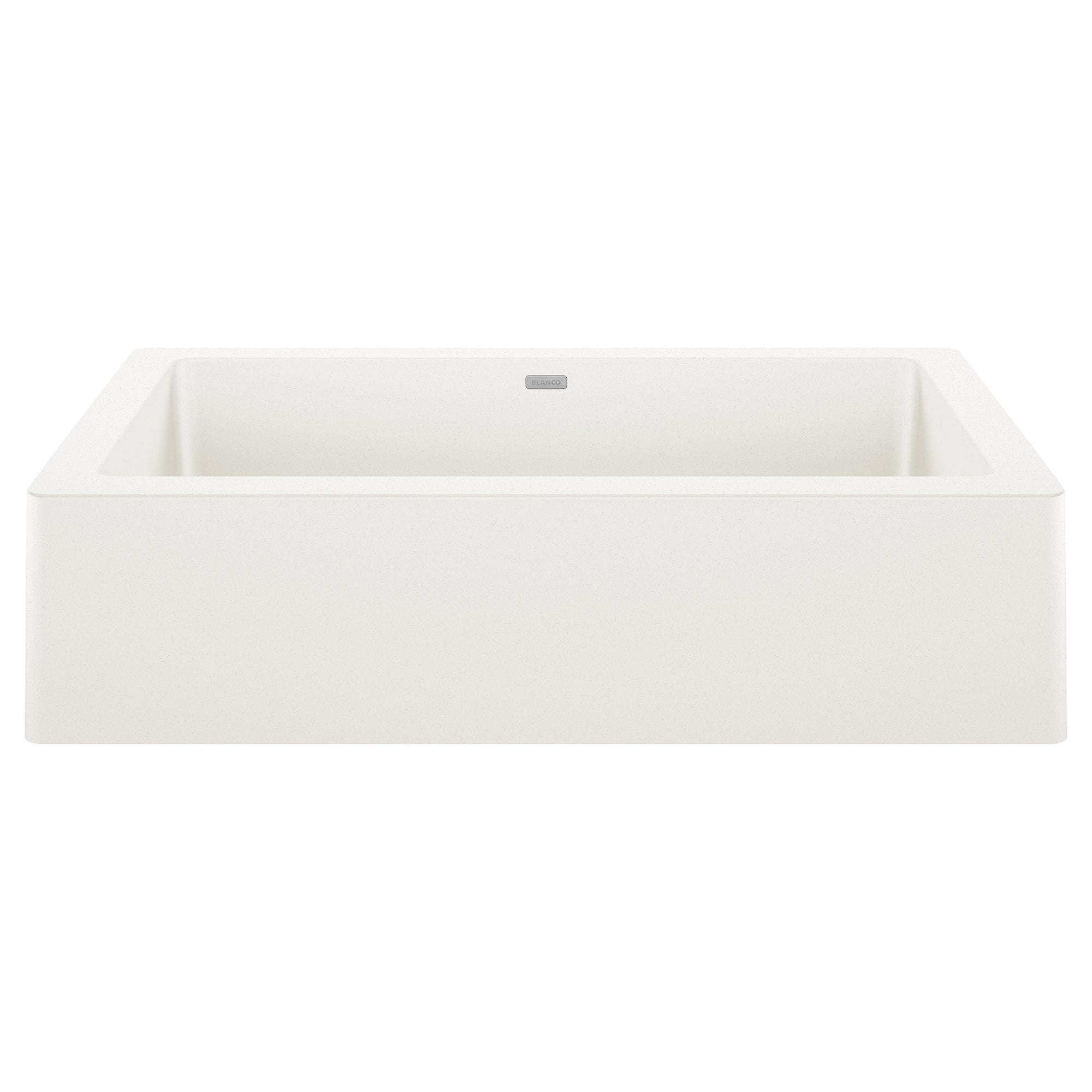 White rectangular farmhouse sink with single basin and apron front, viewed from above angle.