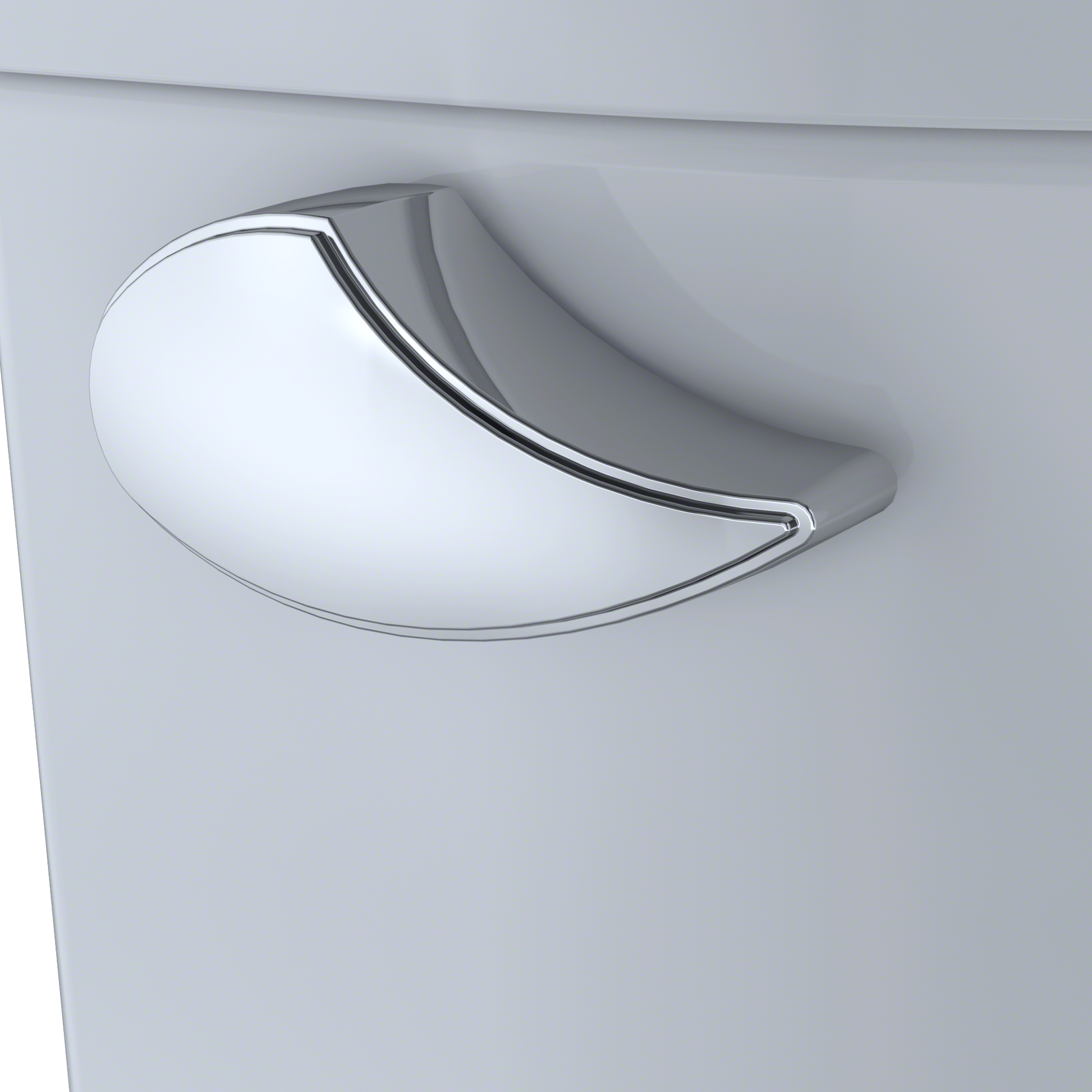 White round toilet bowl with chrome trim and curved seat opening against light background.