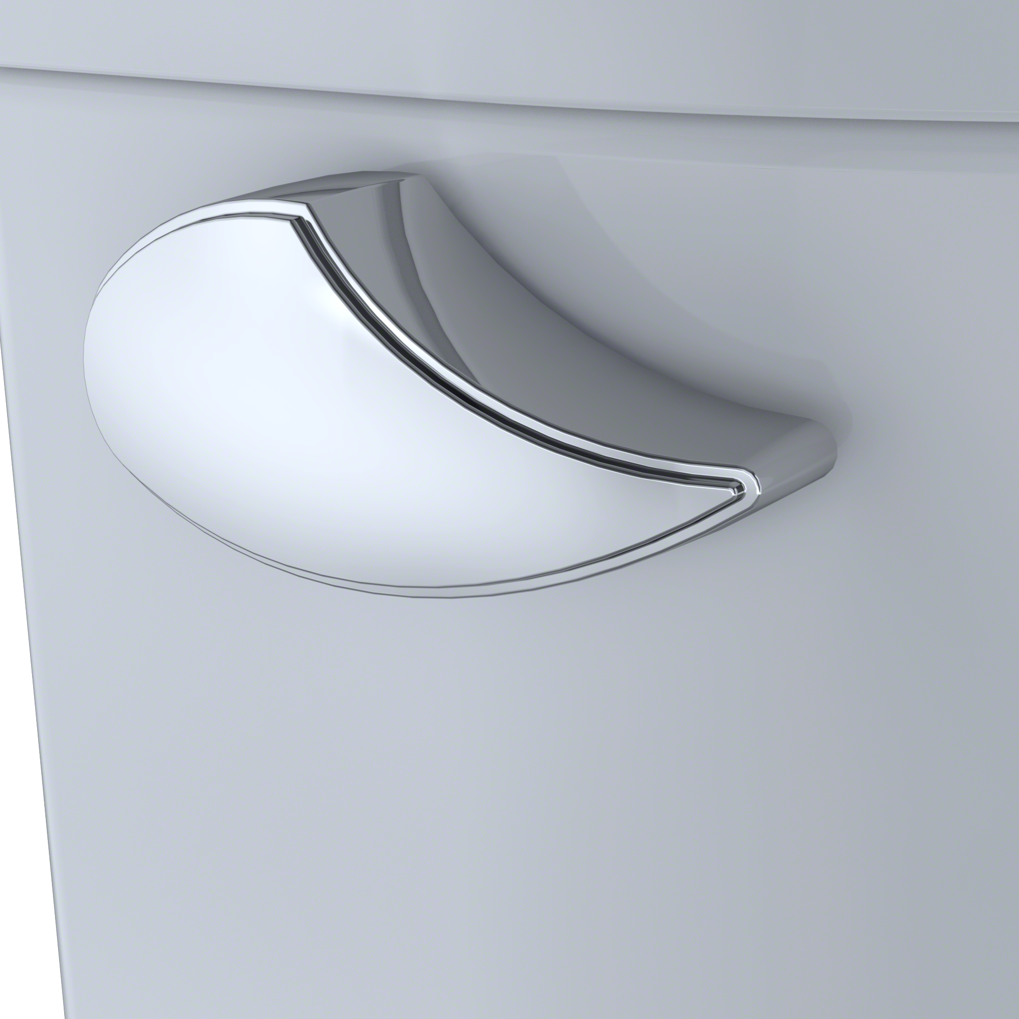 White round toilet bowl with chrome trim and curved seat opening against light background.