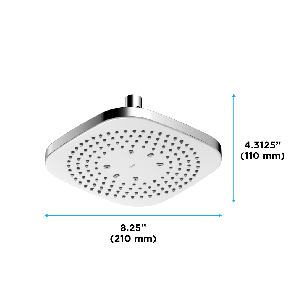 Square polished chrome shower head with multiple spray holes and chrome connector arm, measuring 8.25 inches wide.