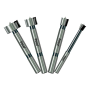 Four Freud Forstner bits in graduated sizes with cylindrical steel shanks and flat cutting heads.