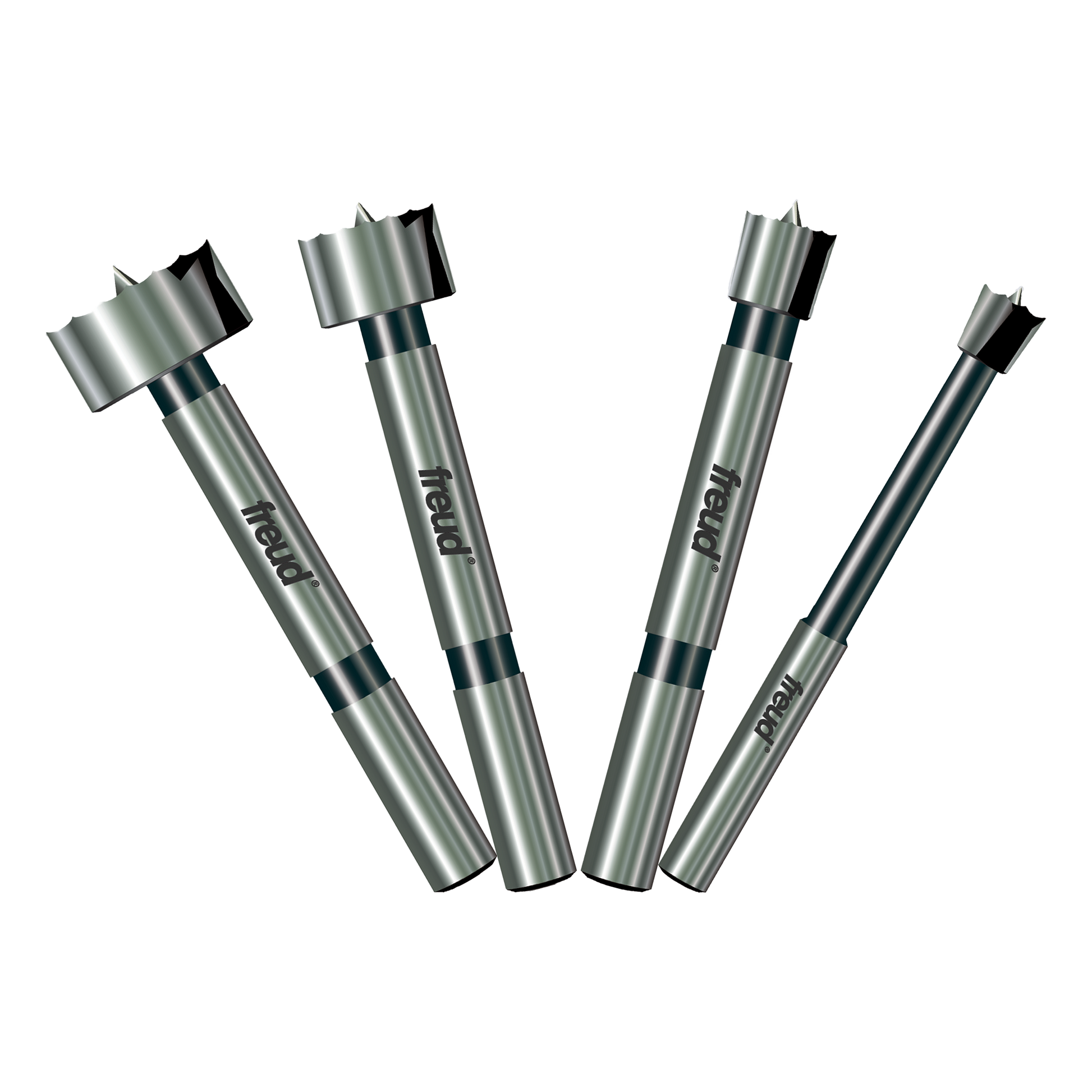 Four Freud Forstner bits in graduated sizes with cylindrical steel shanks and flat cutting heads.
