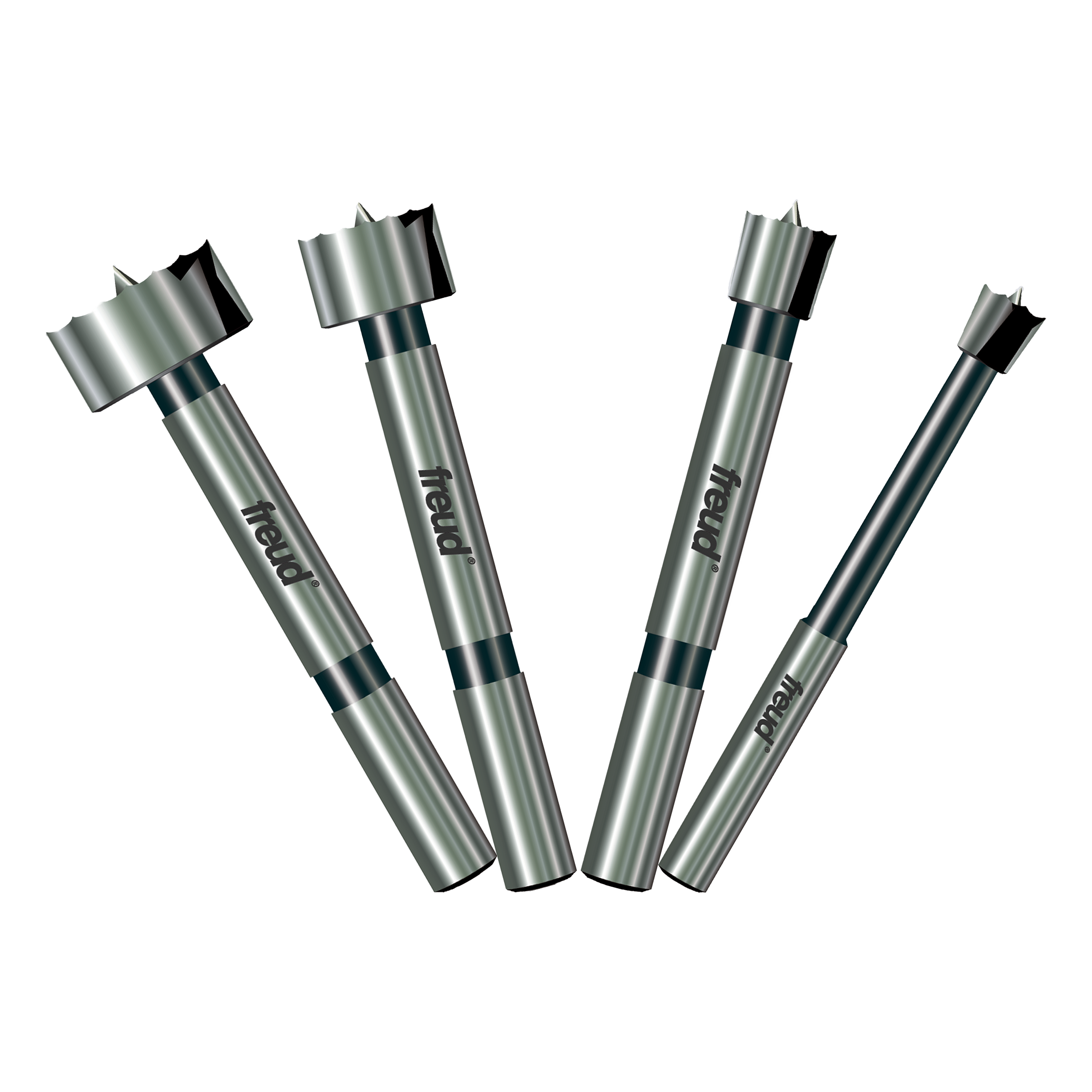Four Freud Forstner bits in graduated sizes with cylindrical steel shanks and flat cutting heads.
