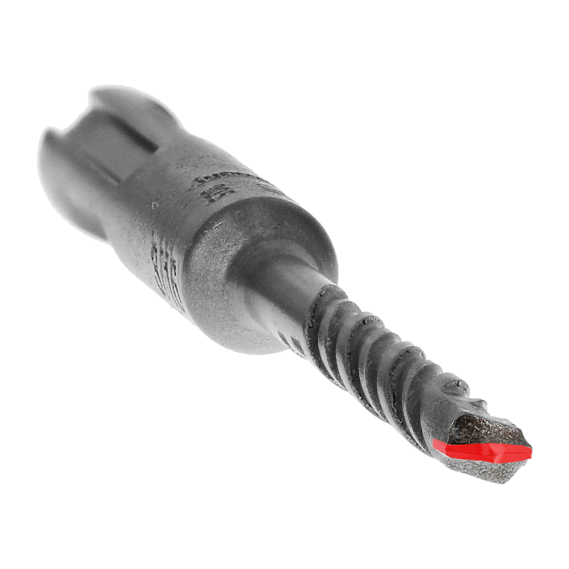 SDS-Plus hammer drill bit with two cutting edges and red stripe band near the tip.