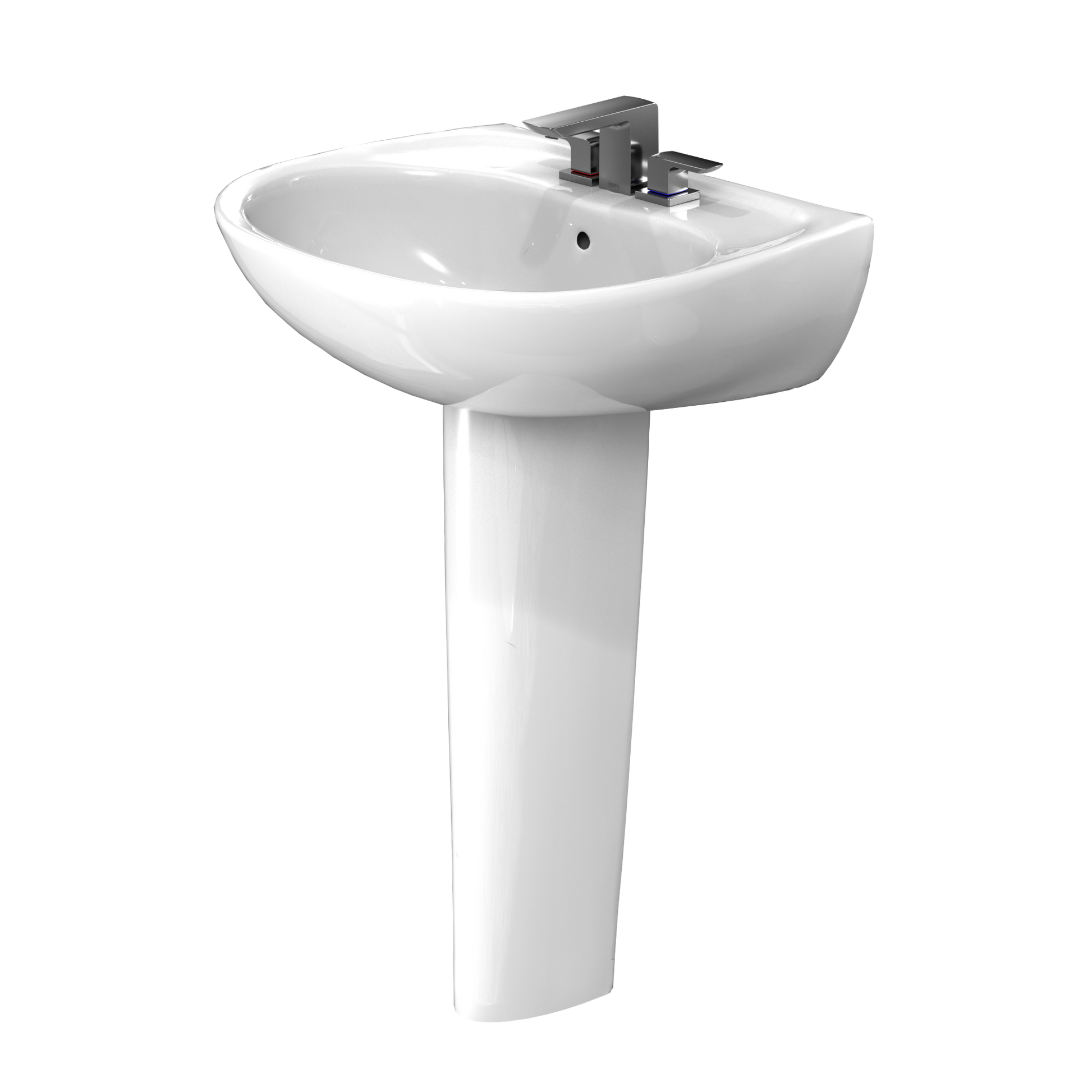 White oval pedestal sink with chrome faucet and shroud mounted on cylindrical pedestal base.