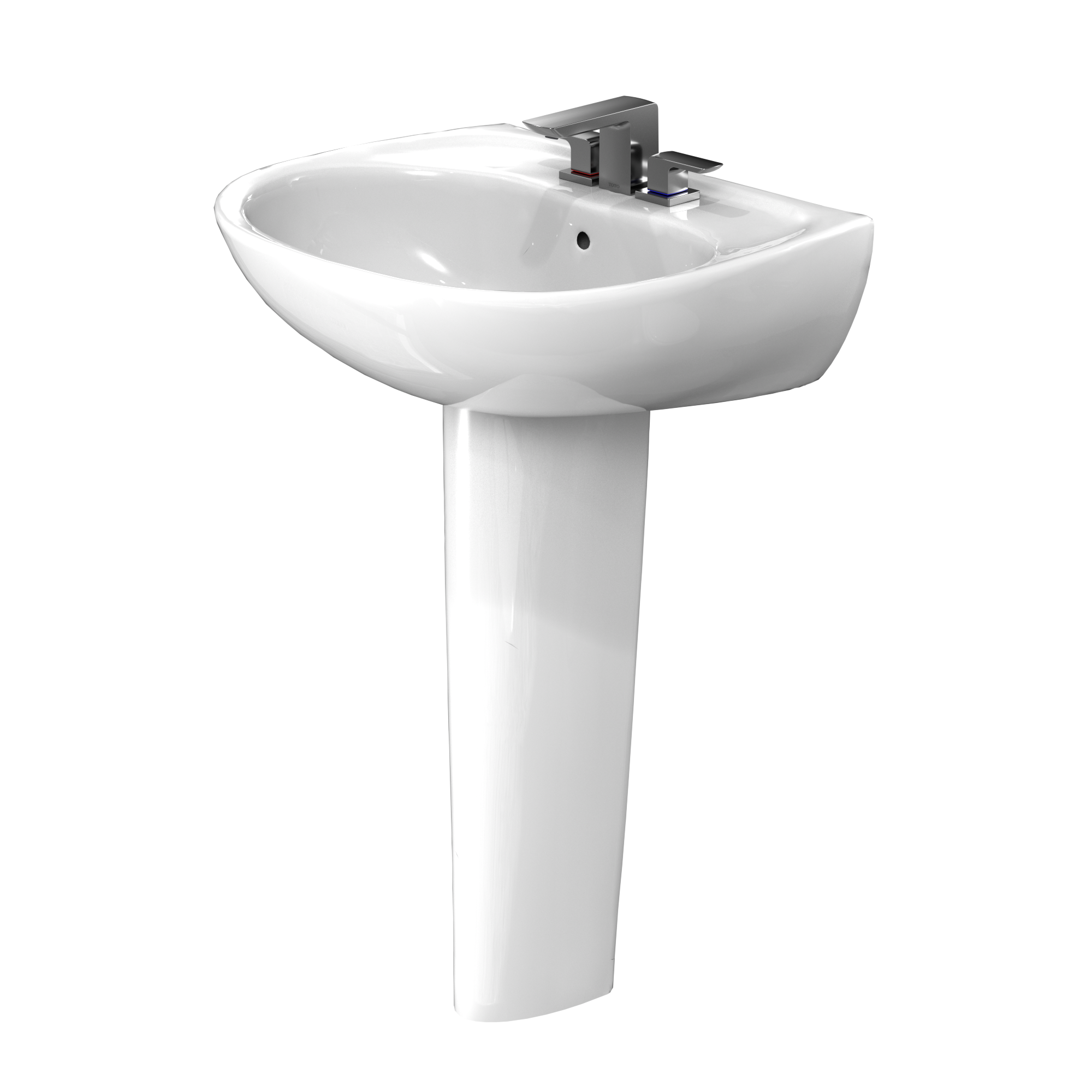 White oval pedestal sink with chrome faucet and shroud mounted on cylindrical pedestal base.