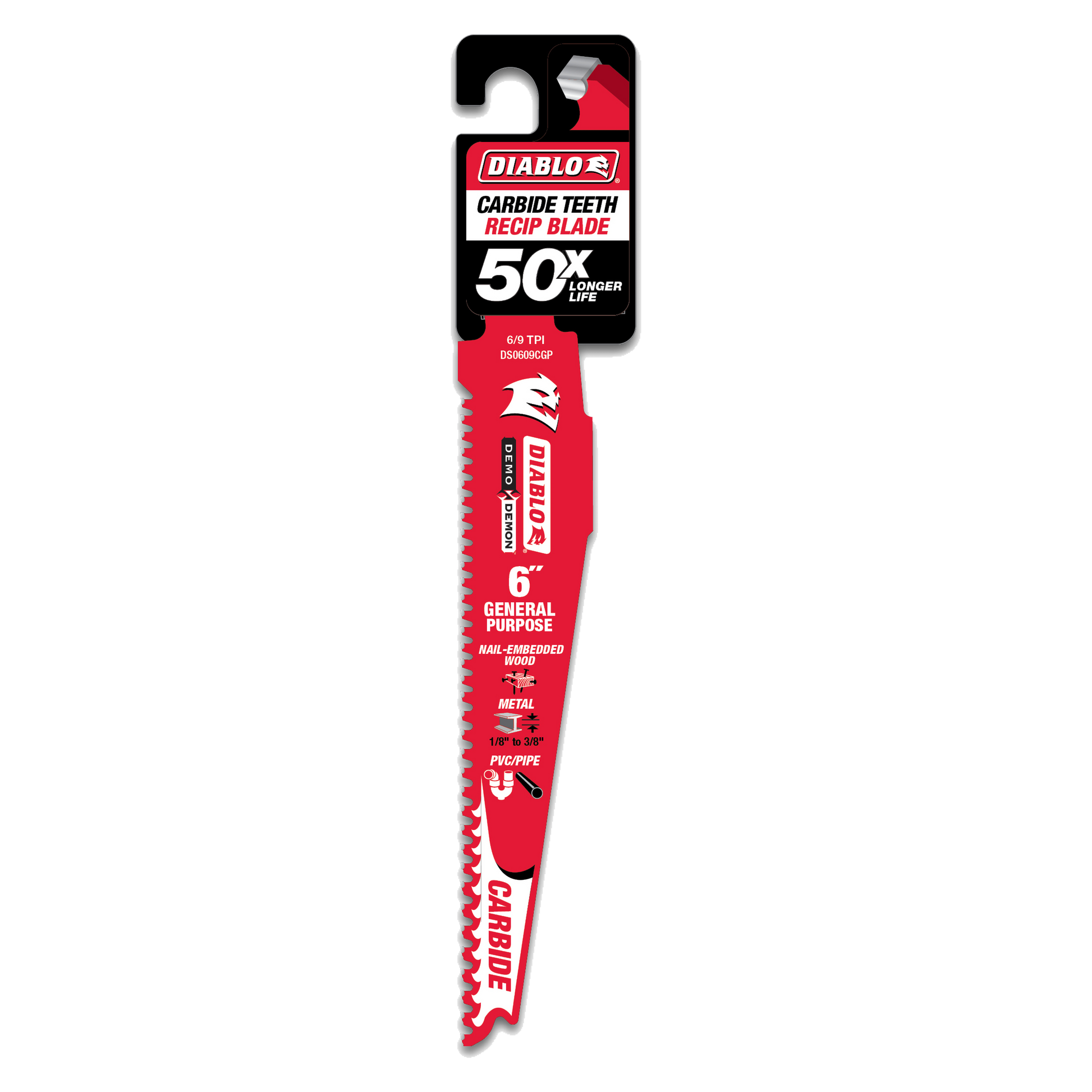 Diablo 6-inch red carbide teeth reciprocating saw blade with black packaging header on white background.