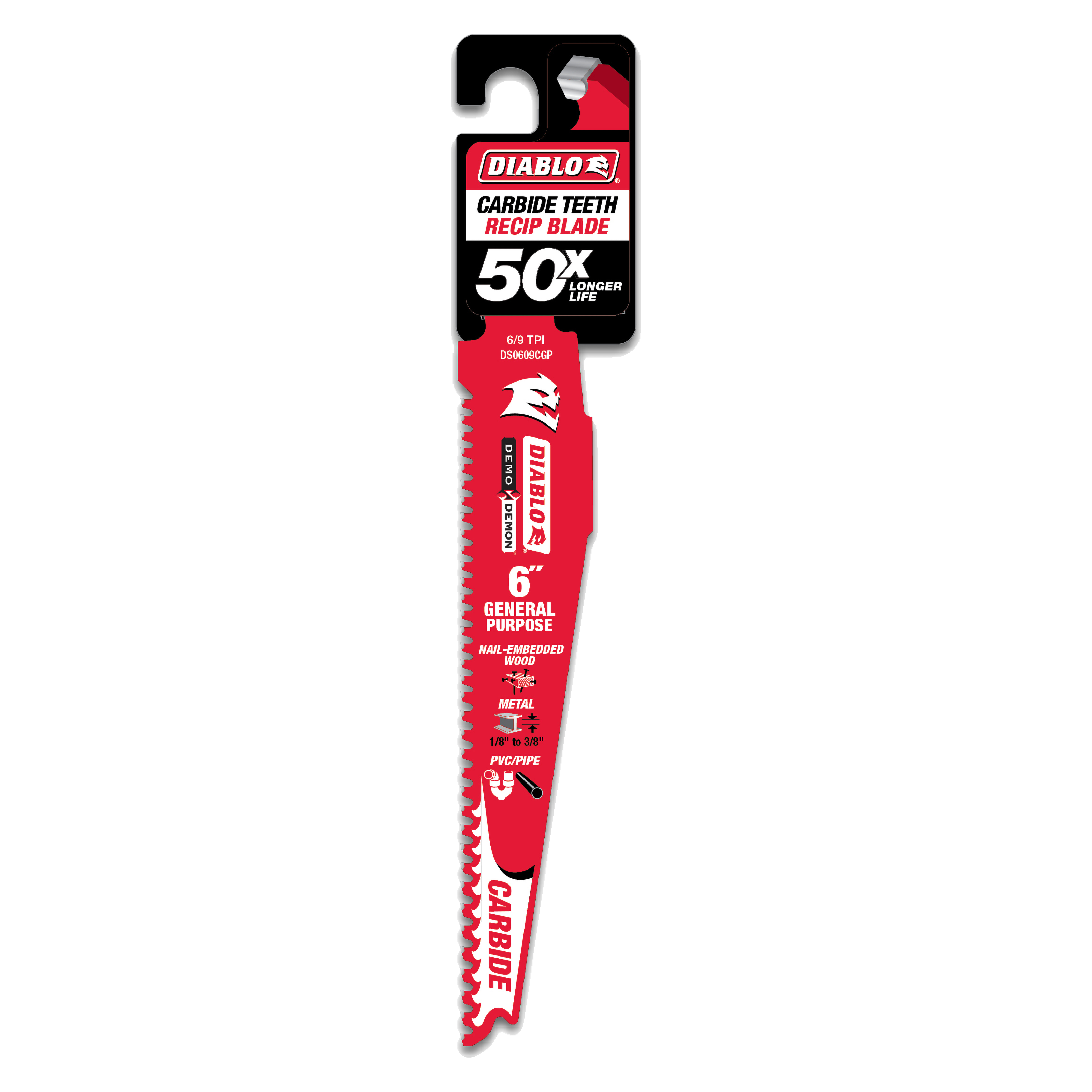 Diablo 6-inch red carbide teeth reciprocating saw blade with black packaging header on white background.