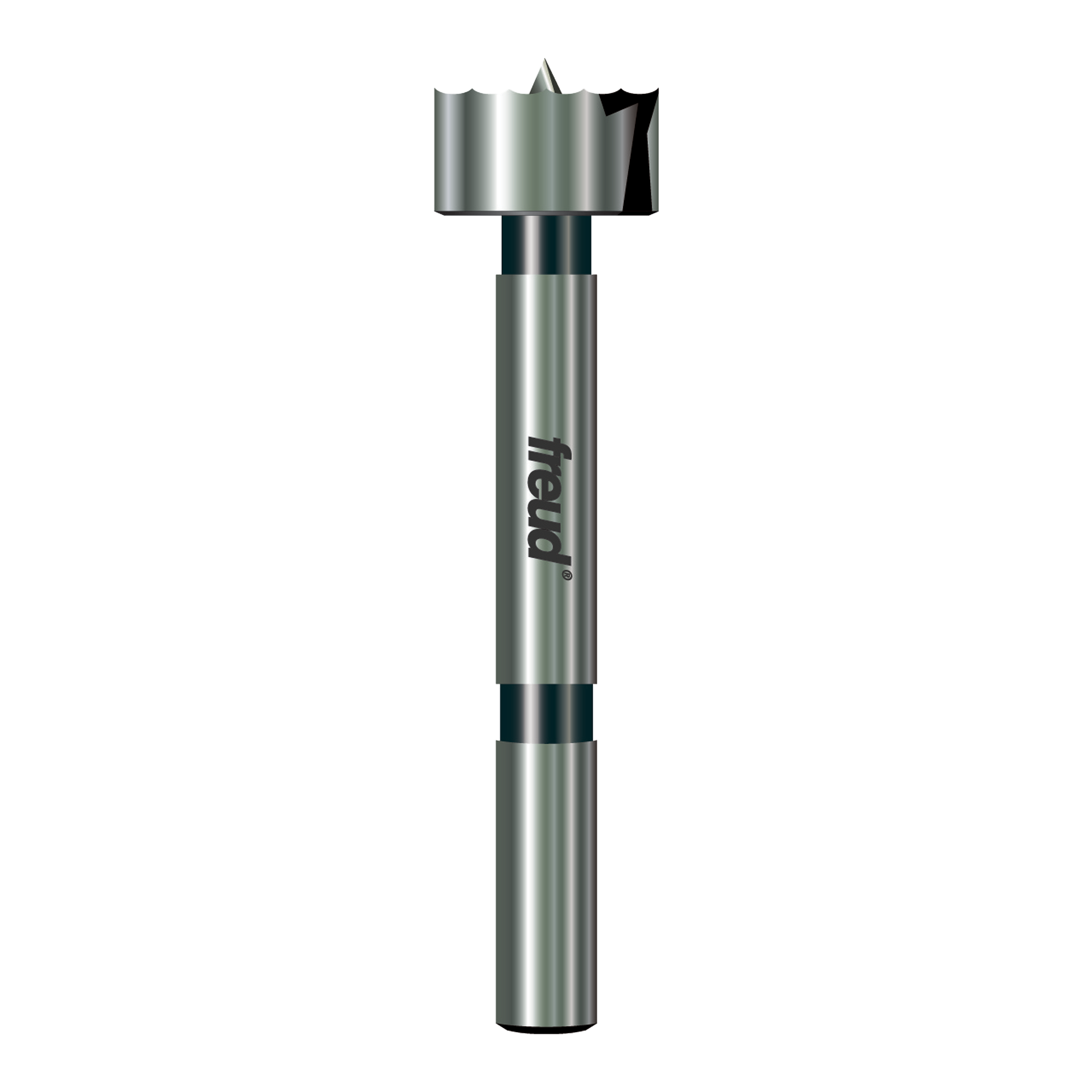 Freud PB-006 7/8" Forstner bit with cylindrical steel shaft and flat cutting head with sharp edges.