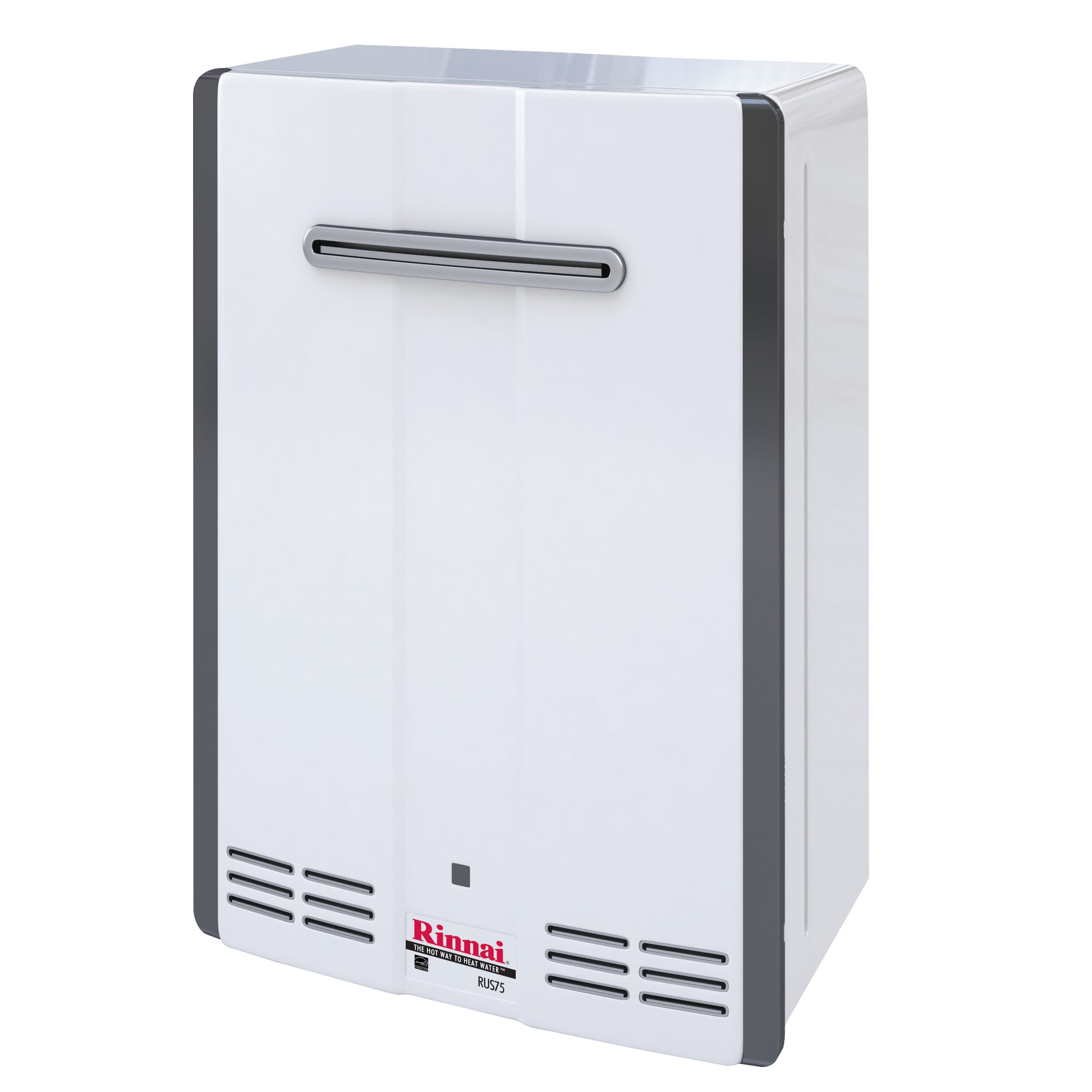 White rectangular tankless water heater with dark gray trim, horizontal handle, and ventilation grilles on lower front panel.