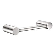 Chrome hand towel bar with cylindrical end caps and horizontal mounting bar.