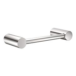 Chrome hand towel bar with cylindrical end caps and horizontal mounting bar.