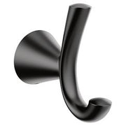 Matte black double robe hook with curved hooks mounted on circular wall plate.