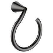 Matte black curved towel ring with cylindrical mount on white background.
