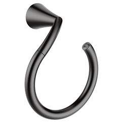 Matte black curved towel ring with cylindrical mount on white background.