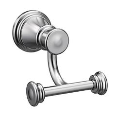 Chrome double robe hook with round backplate and cylindrical knobs mounted on wall.