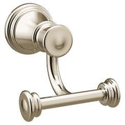 Polished nickel double robe hook with circular backplate and dual cylindrical knobs supporting horizontal bar.