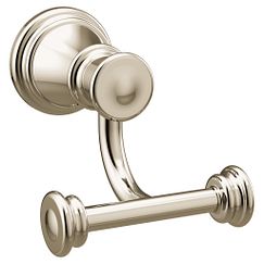 Polished nickel double robe hook with circular backplate and dual cylindrical knobs supporting horizontal bar.