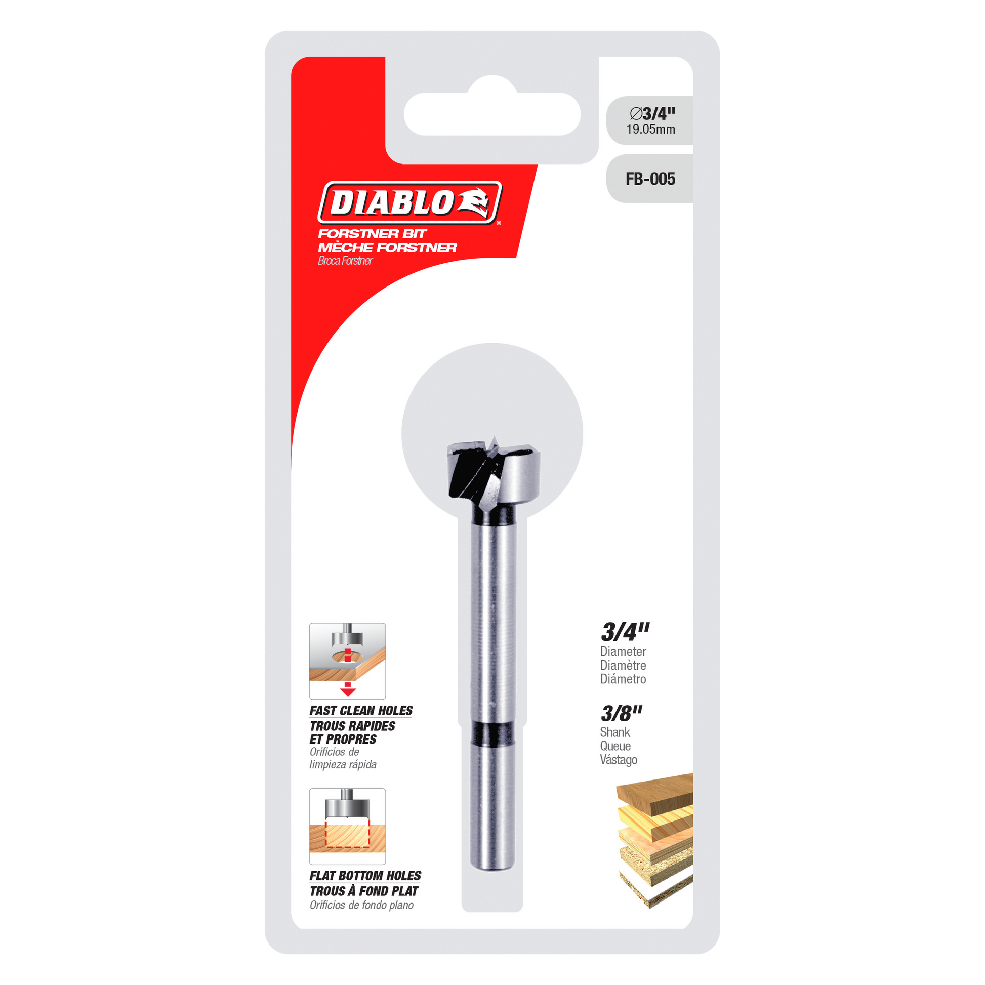 Diablo FB-005 Forstner bit with 3/4 inch diameter and 3/8 inch shank, displayed on packaging.