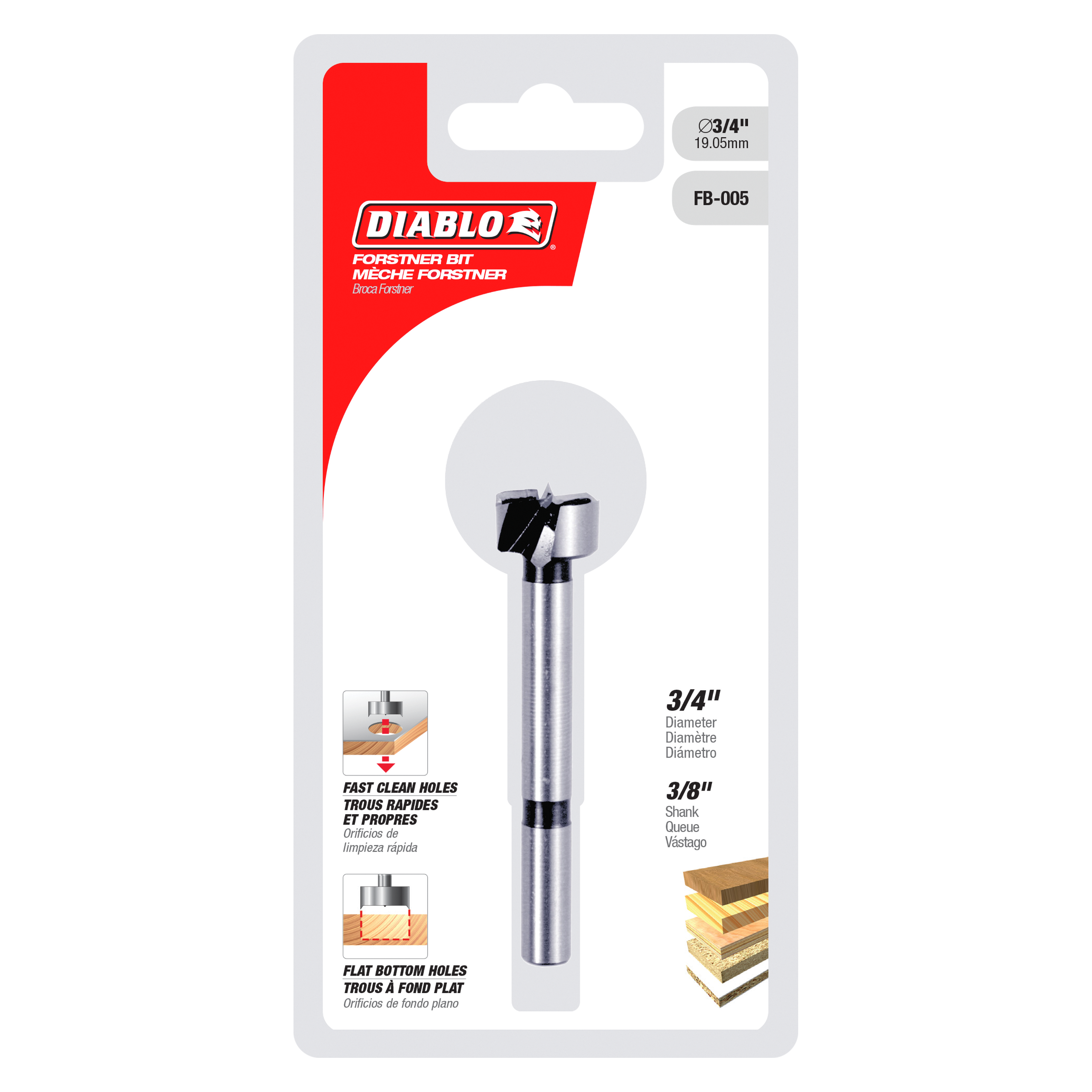 Diablo FB-005 Forstner bit with 3/4 inch diameter and 3/8 inch shank, displayed on packaging.