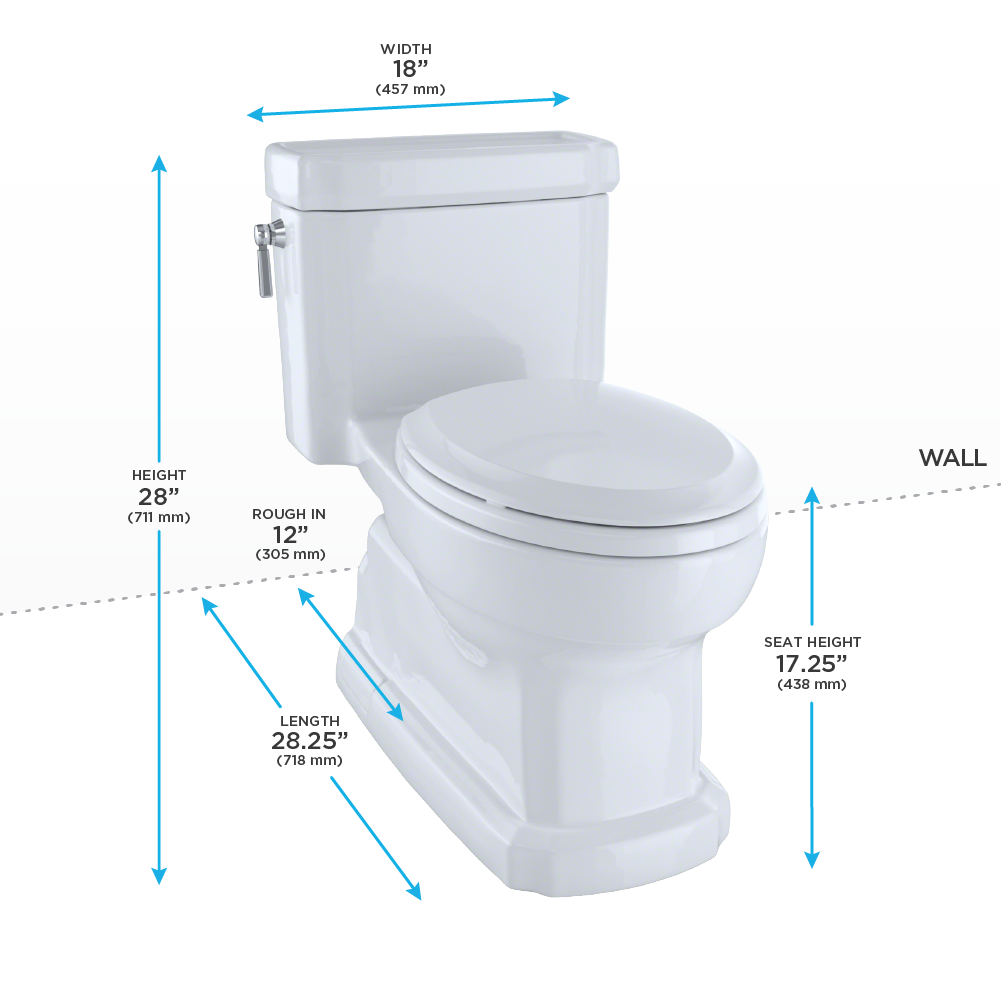 Sedona beige elongated toilet with soft-close seat, 28 inches height, 18 inches width, dimensions labeled.
