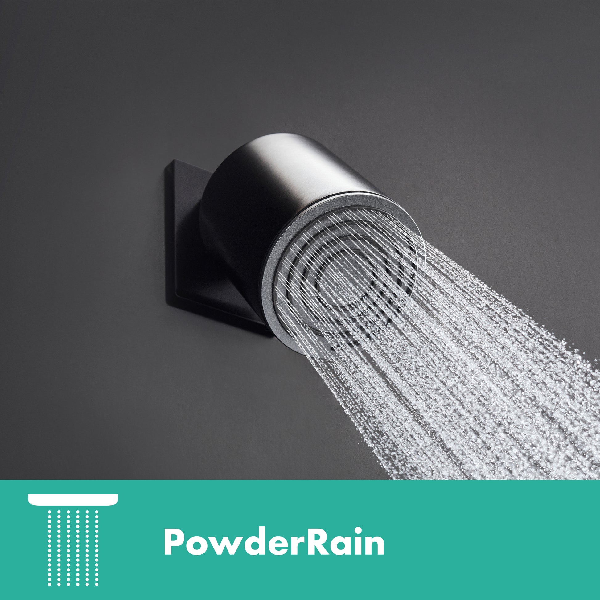 Matte black cylindrical shower head mounted on wall bracket with water spray pattern visible.