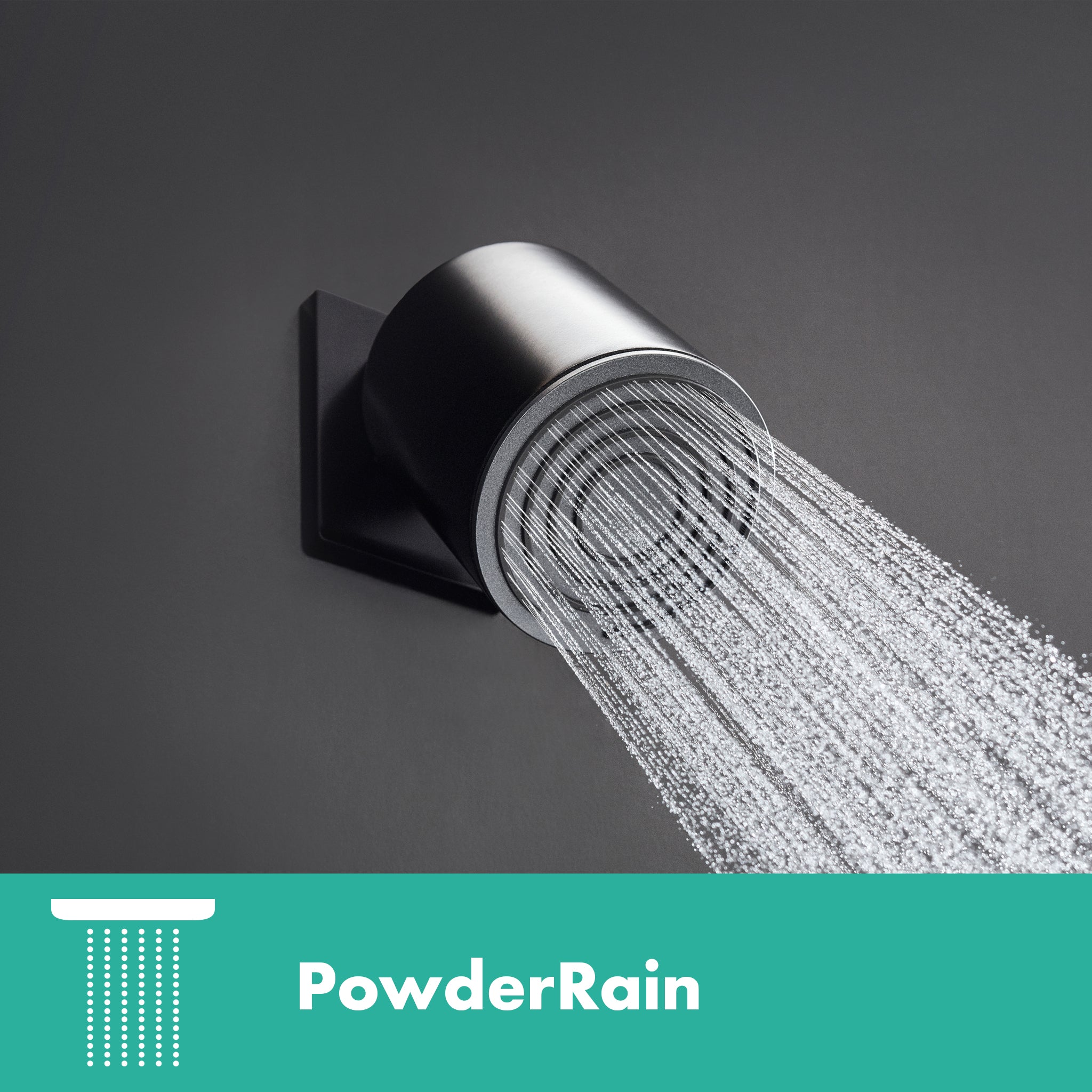 Matte black cylindrical shower head mounted on wall bracket with water streams flowing downward.