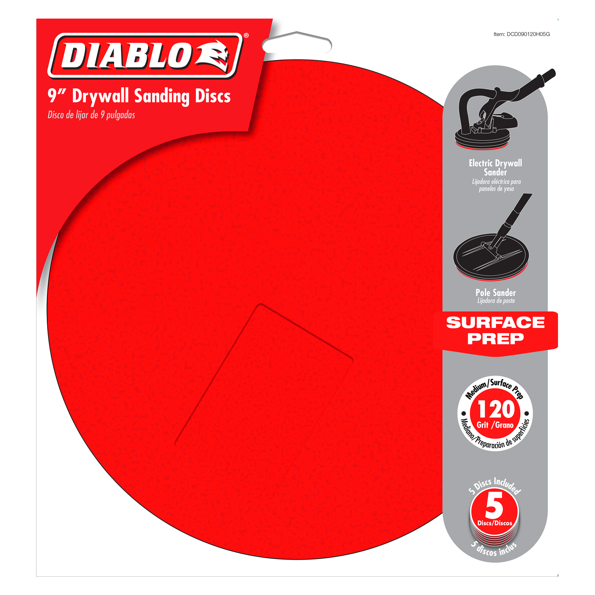 Five red 9-inch drywall sanding discs with 120-grit surface on Diablo branded packaging.