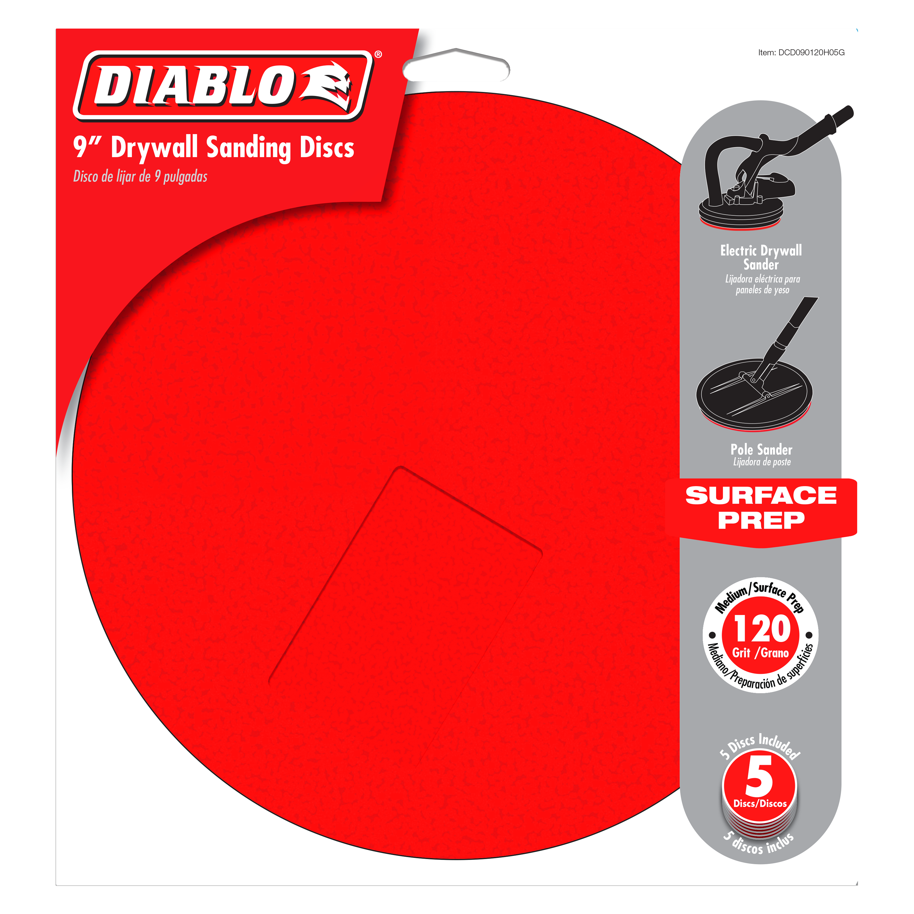 Five red 9-inch drywall sanding discs with 120-grit surface on Diablo branded packaging.