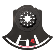 Black oscillating saw blade with Starlock connection, curved cutting edge, and white contact points labeled for insulation cu