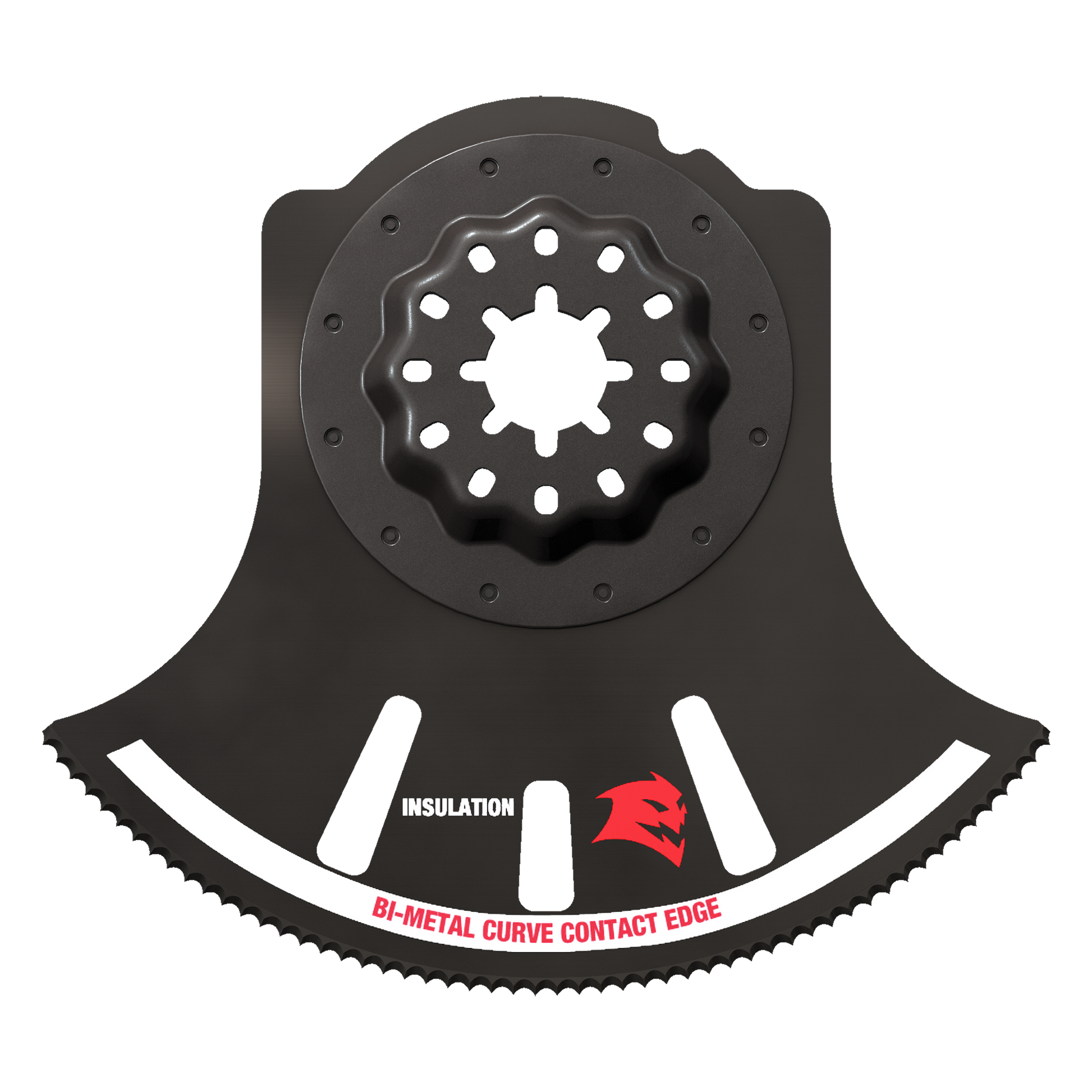 Black oscillating saw blade with Starlock connection, curved cutting edge, and white contact points labeled for insulation cu