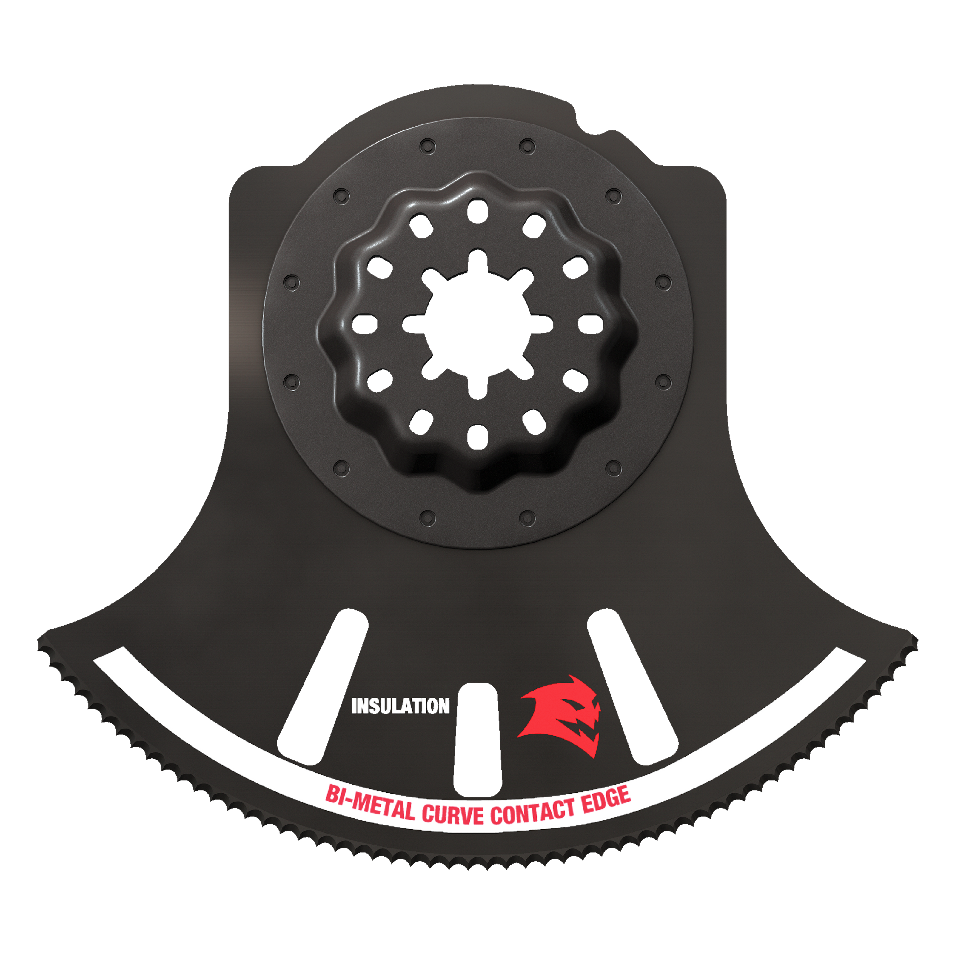 Black oscillating saw blade with Starlock connection, curved cutting edge, and white contact points labeled for insulation cu