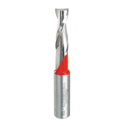 3/8" diameter spiral router bit with metal shank and red plastic grip collar.