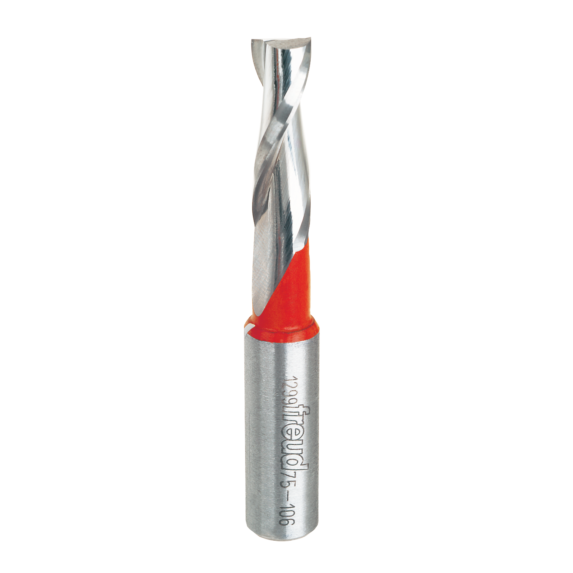 3/8" diameter spiral router bit with metal shank and red plastic grip collar.