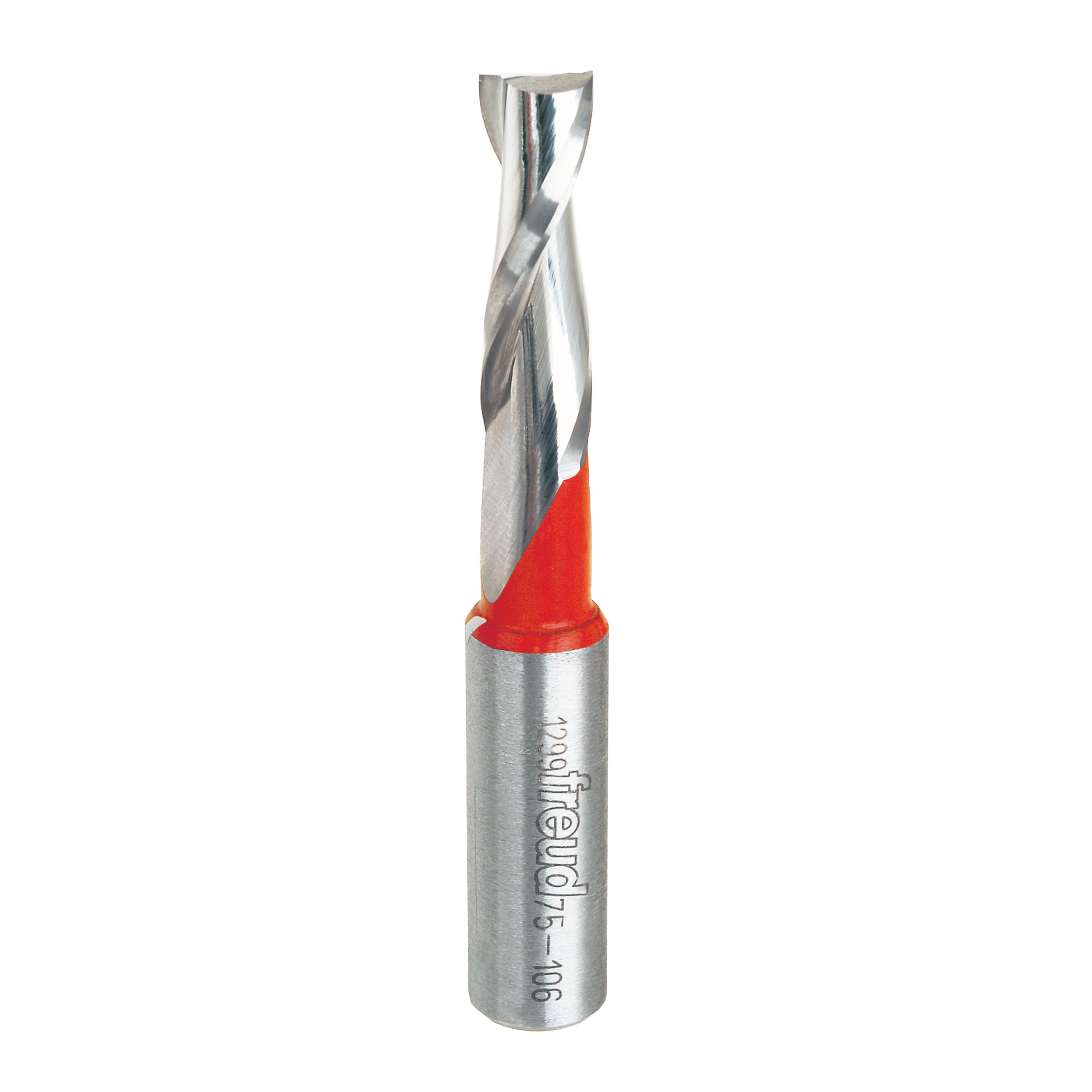 3/8" diameter spiral router bit with metal shank and red plastic grip collar.