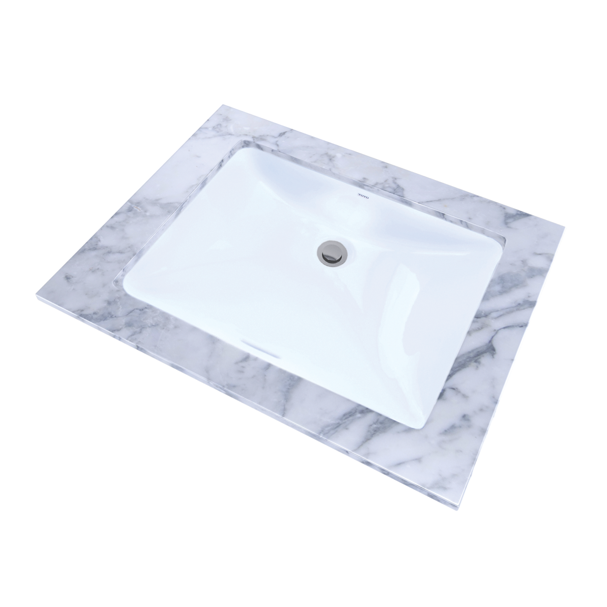 White rectangular undermount bathroom sink with chrome drain, designed to install below countertop surface.