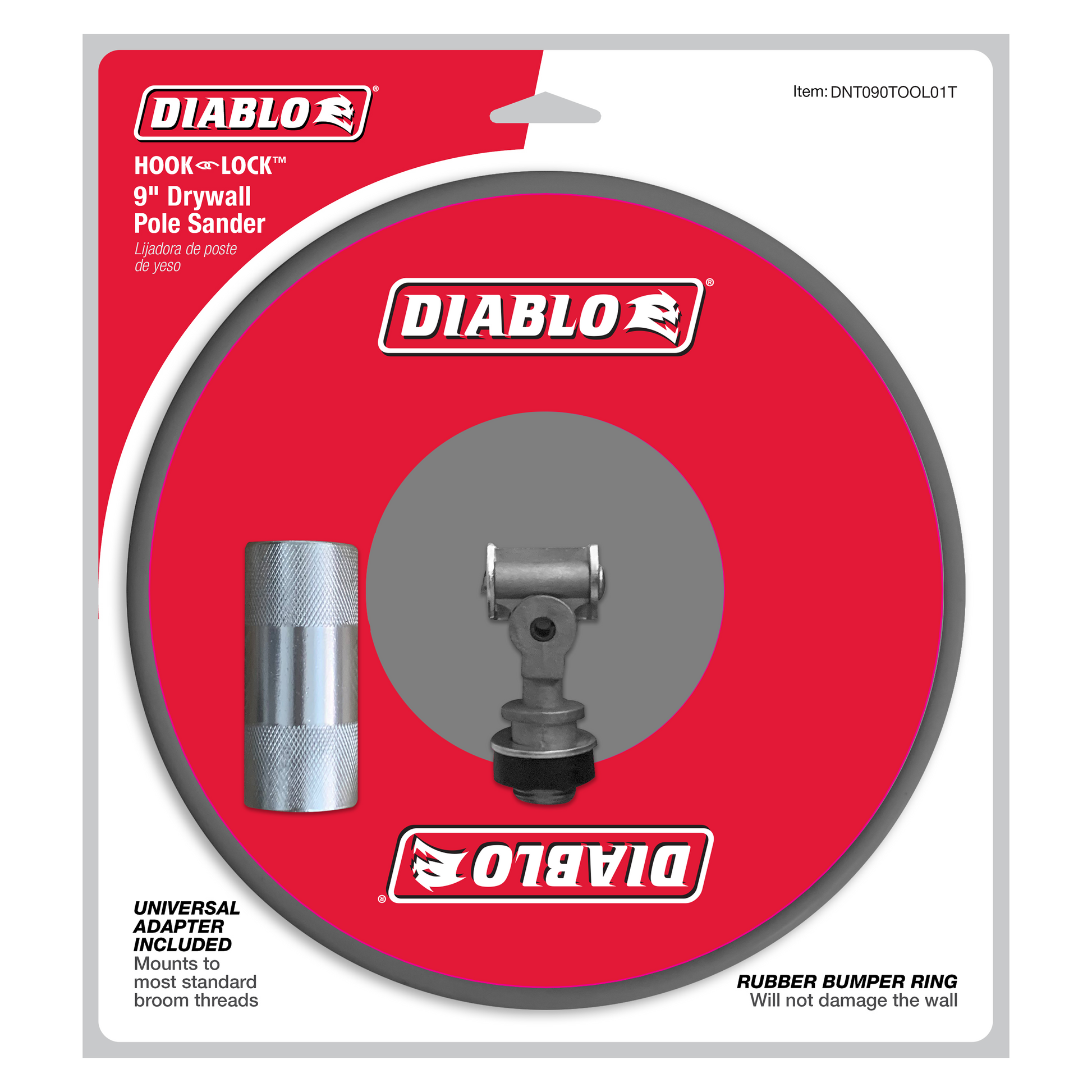 Red Diablo 9-inch drywall pole sander head with rubber bumper ring and universal adapter included.