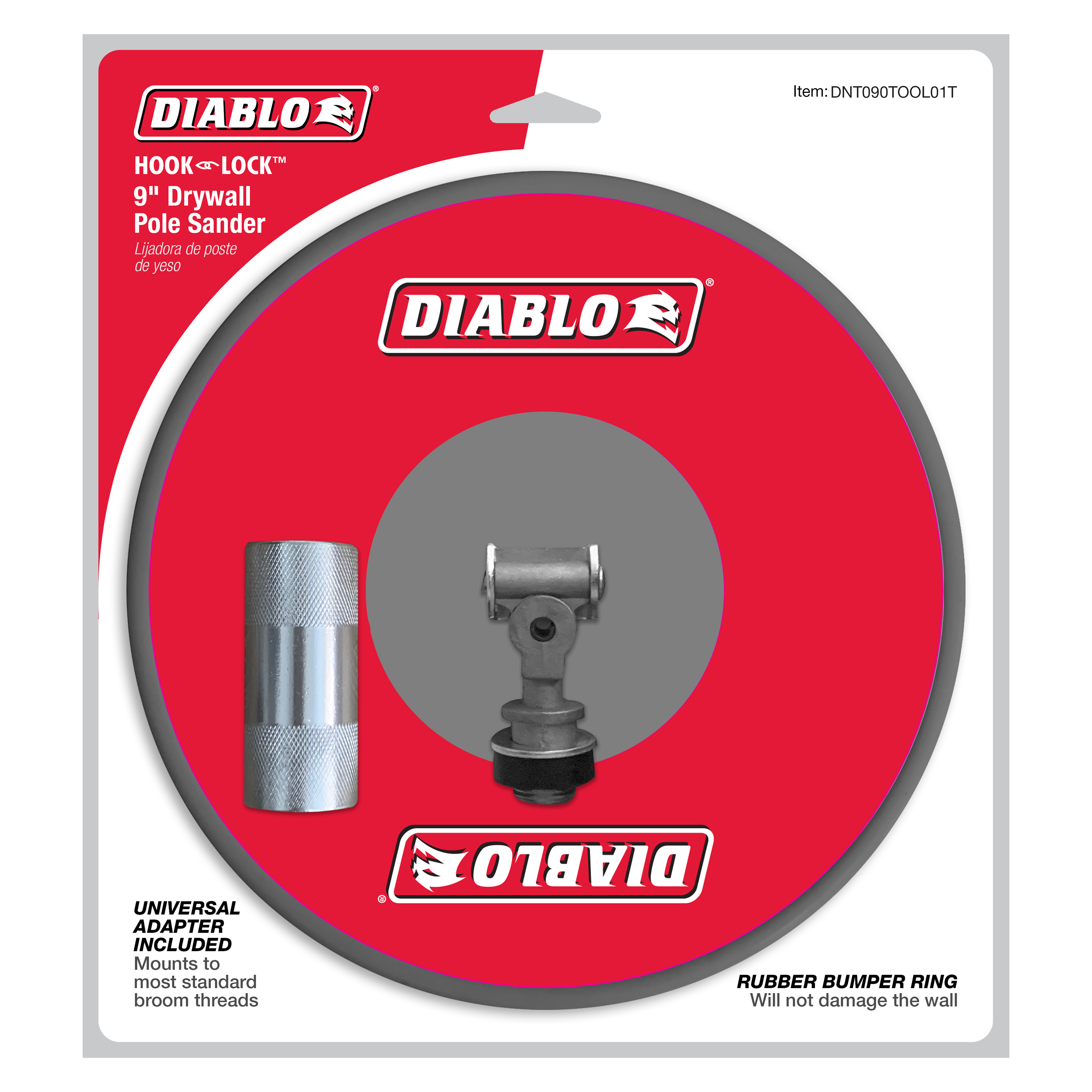 Red Diablo 9-inch drywall pole sander head with rubber bumper ring and universal adapter included.