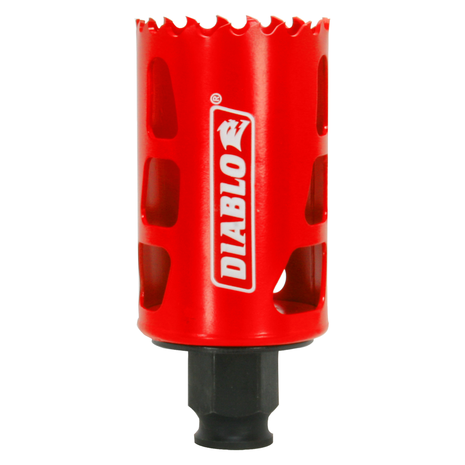 Red Diablo hole saw with serrated cutting edge and black arbor shaft against white background.